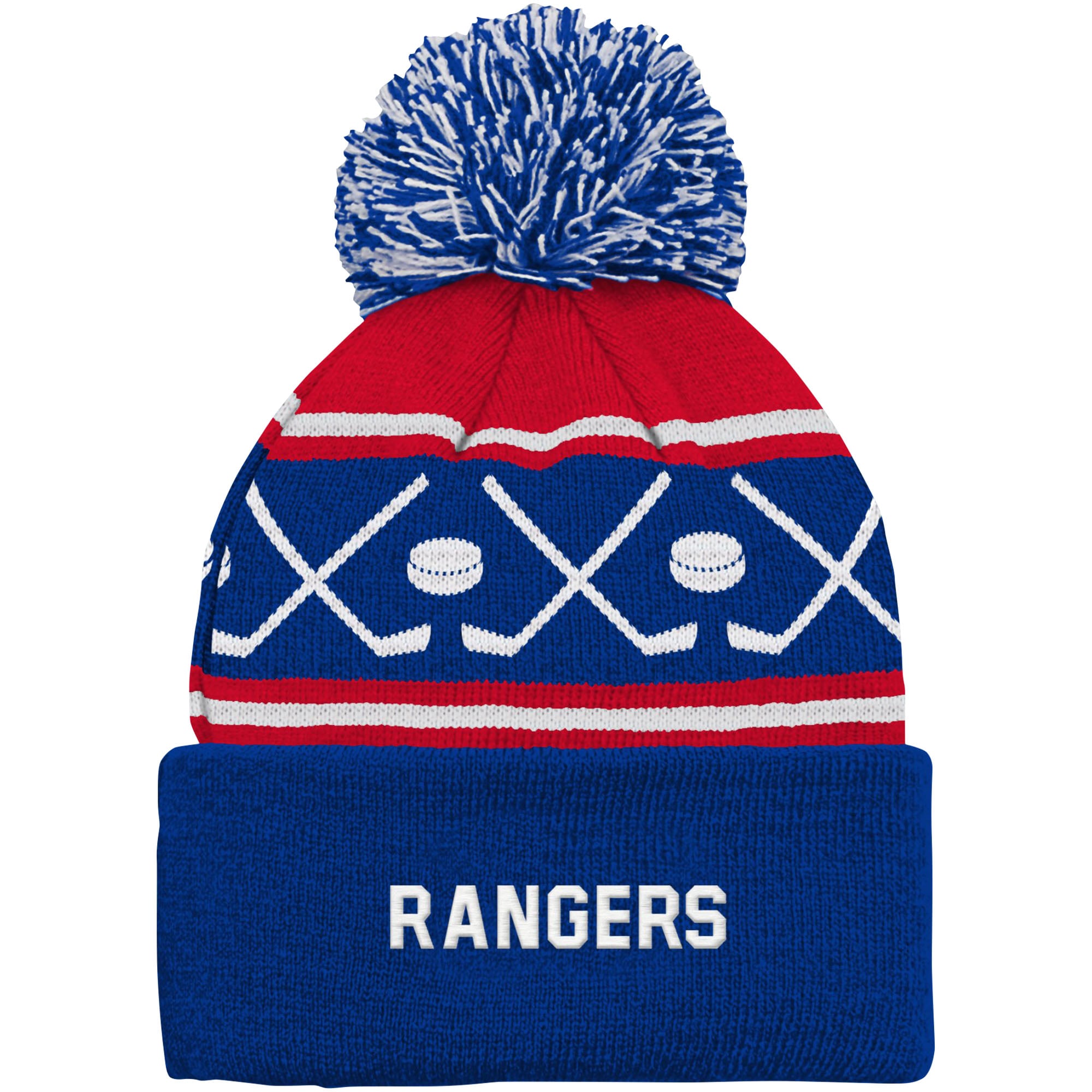 Bonnet en tricot à revers Face-Off des New York Rangers bleu pour bébé avec pompon