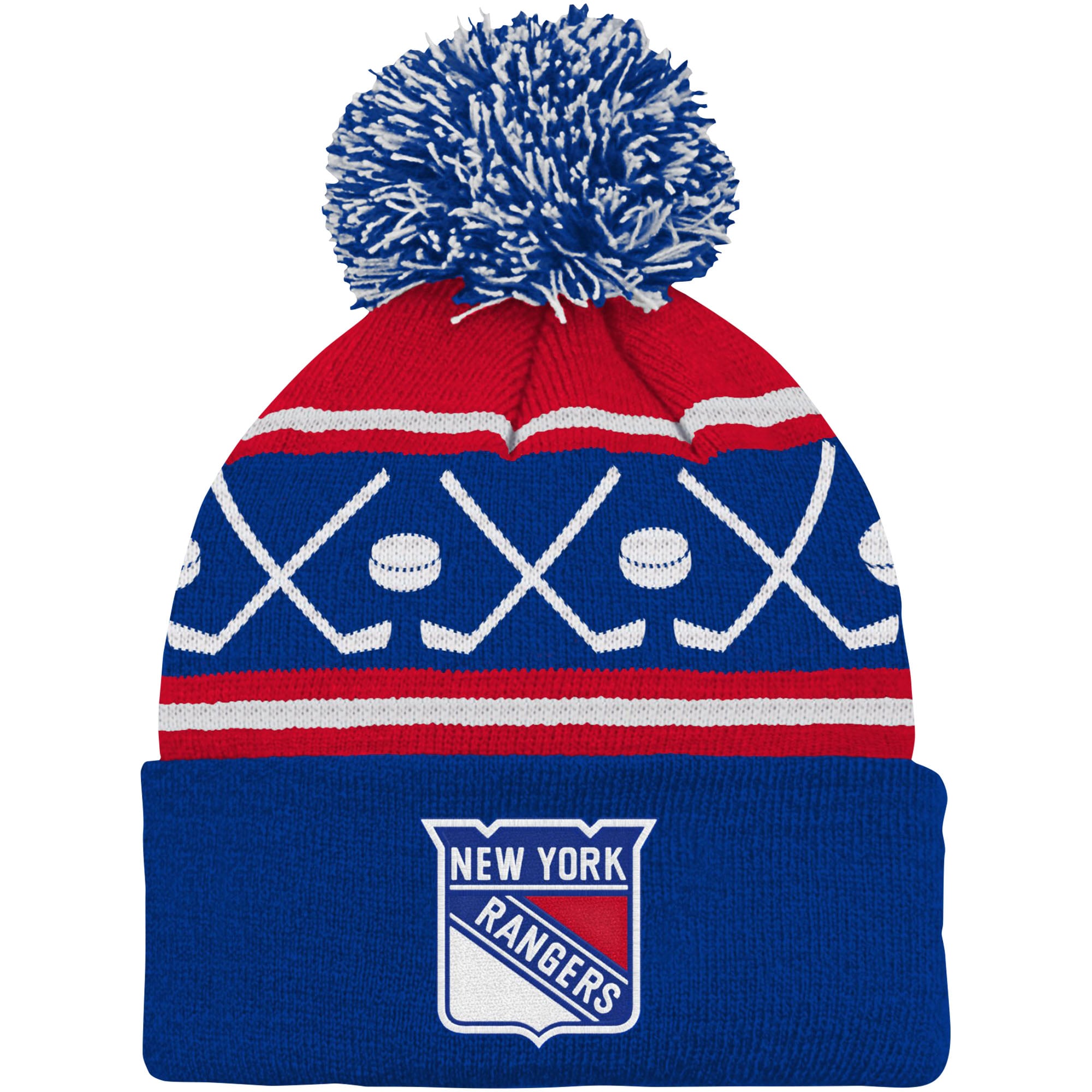Bonnet en tricot à revers Face-Off des New York Rangers bleu pour bébé avec pompon