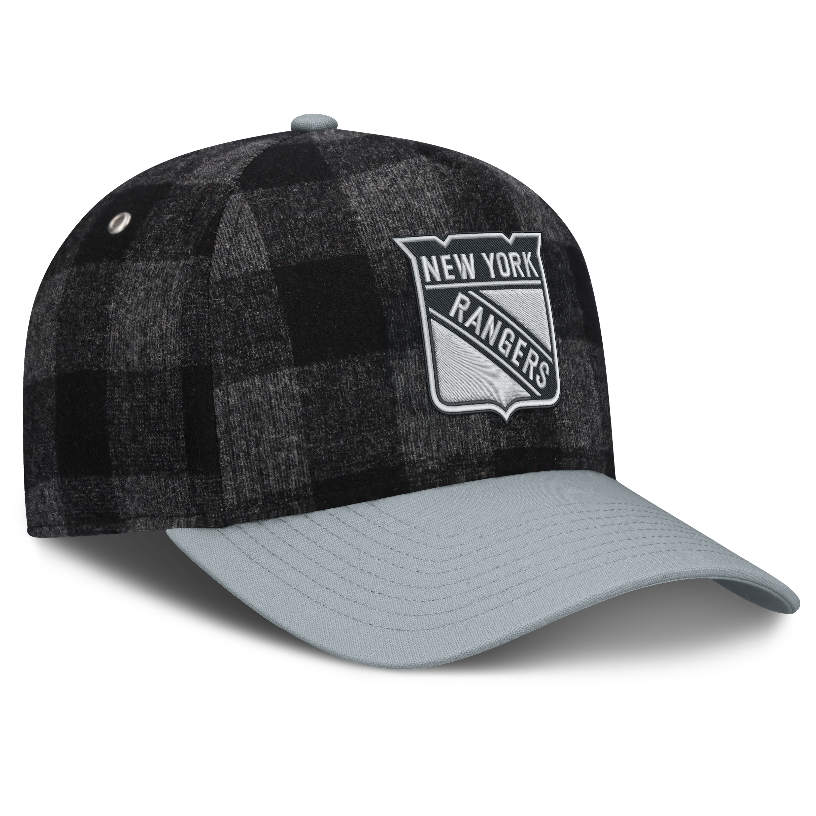 Men's Fanatics Black/Gray New York Rangers Huntsman Plaid A-Frame Adjustable Hat