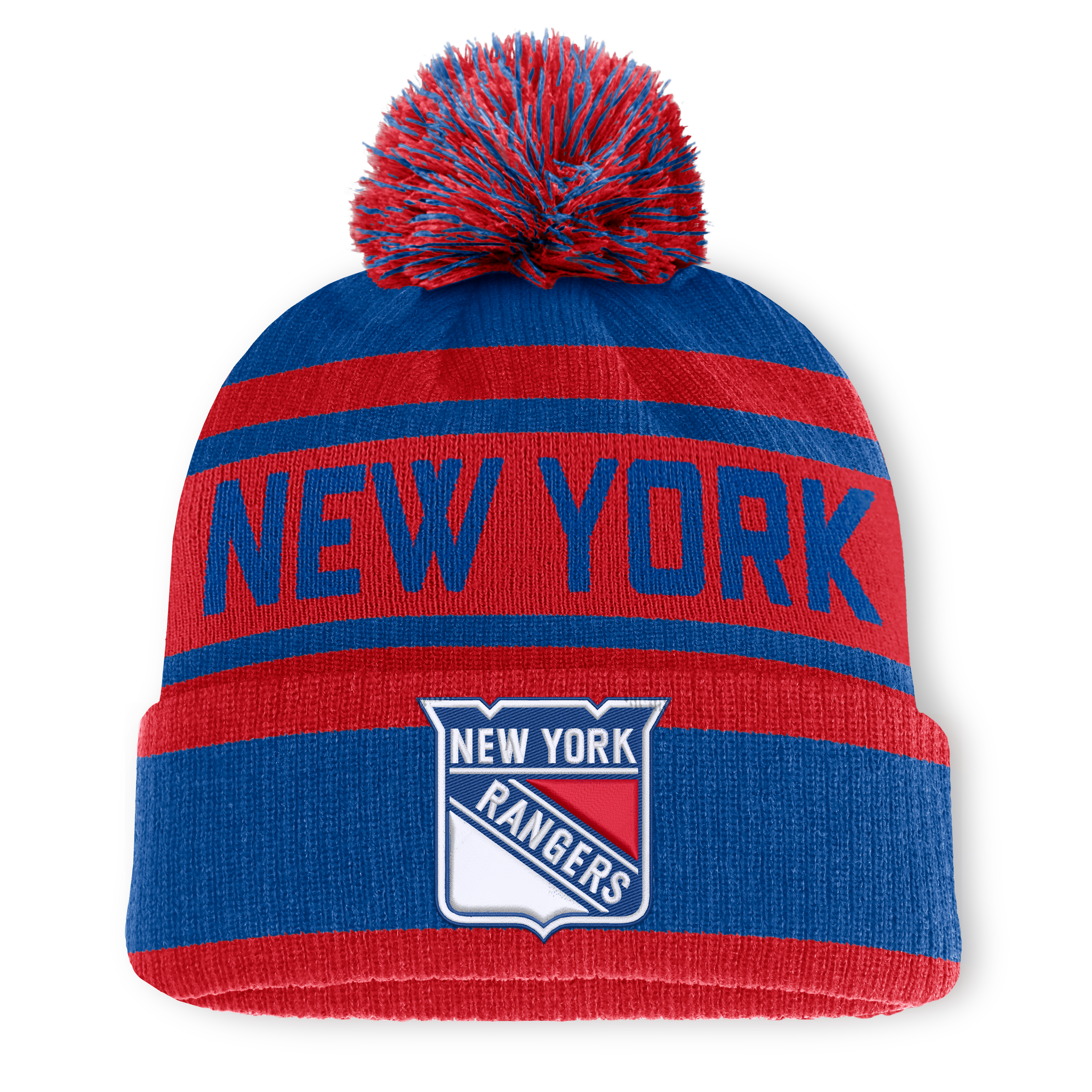 Bonnet à revers bleu/rouge New York Rangers Fundamental pour homme, avec pompon, de la marque Fanatics.
