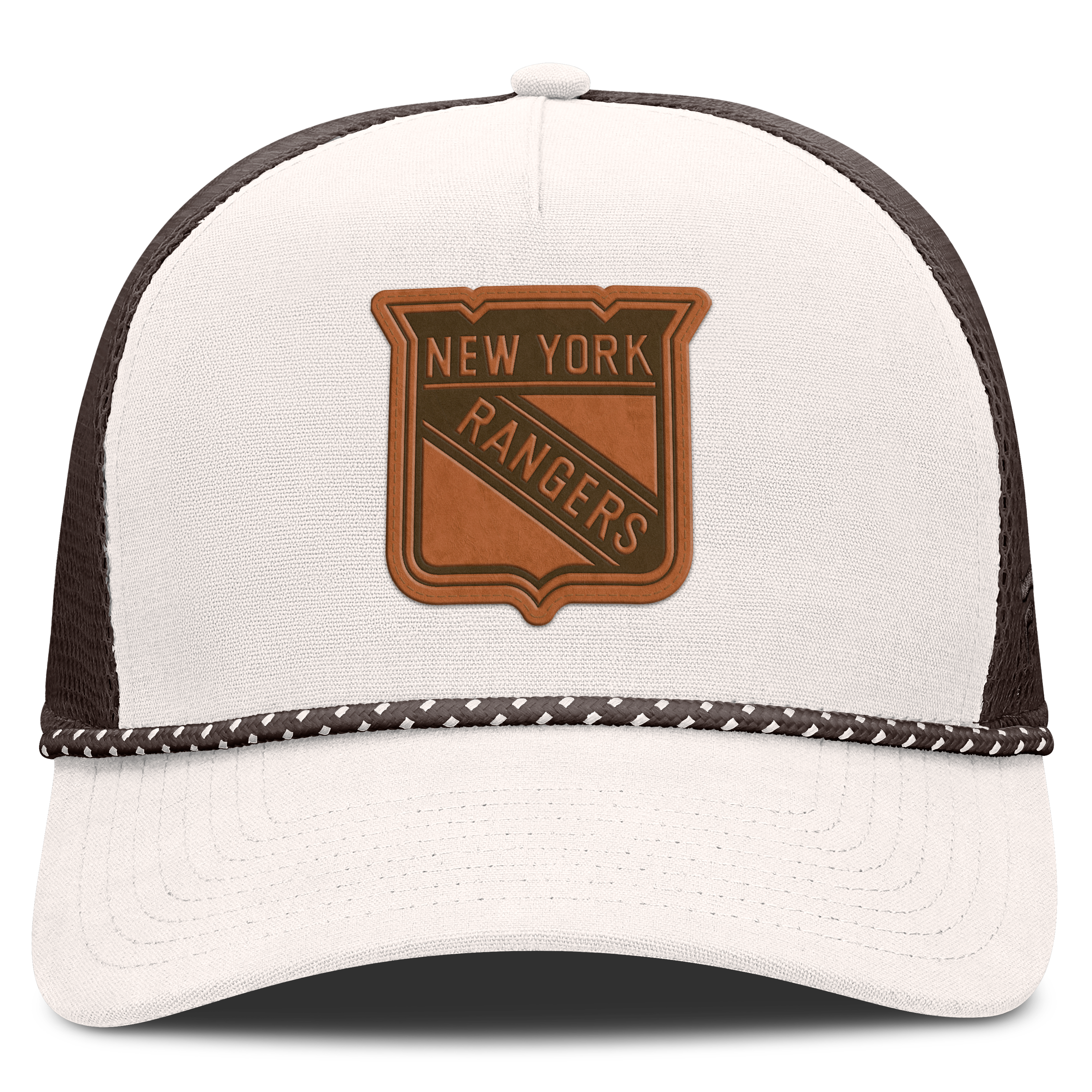 Men's Fanatics Cream/Brown New York Rangers Level Up Bronco Rope A-Frame Trucker Adjustable Hat