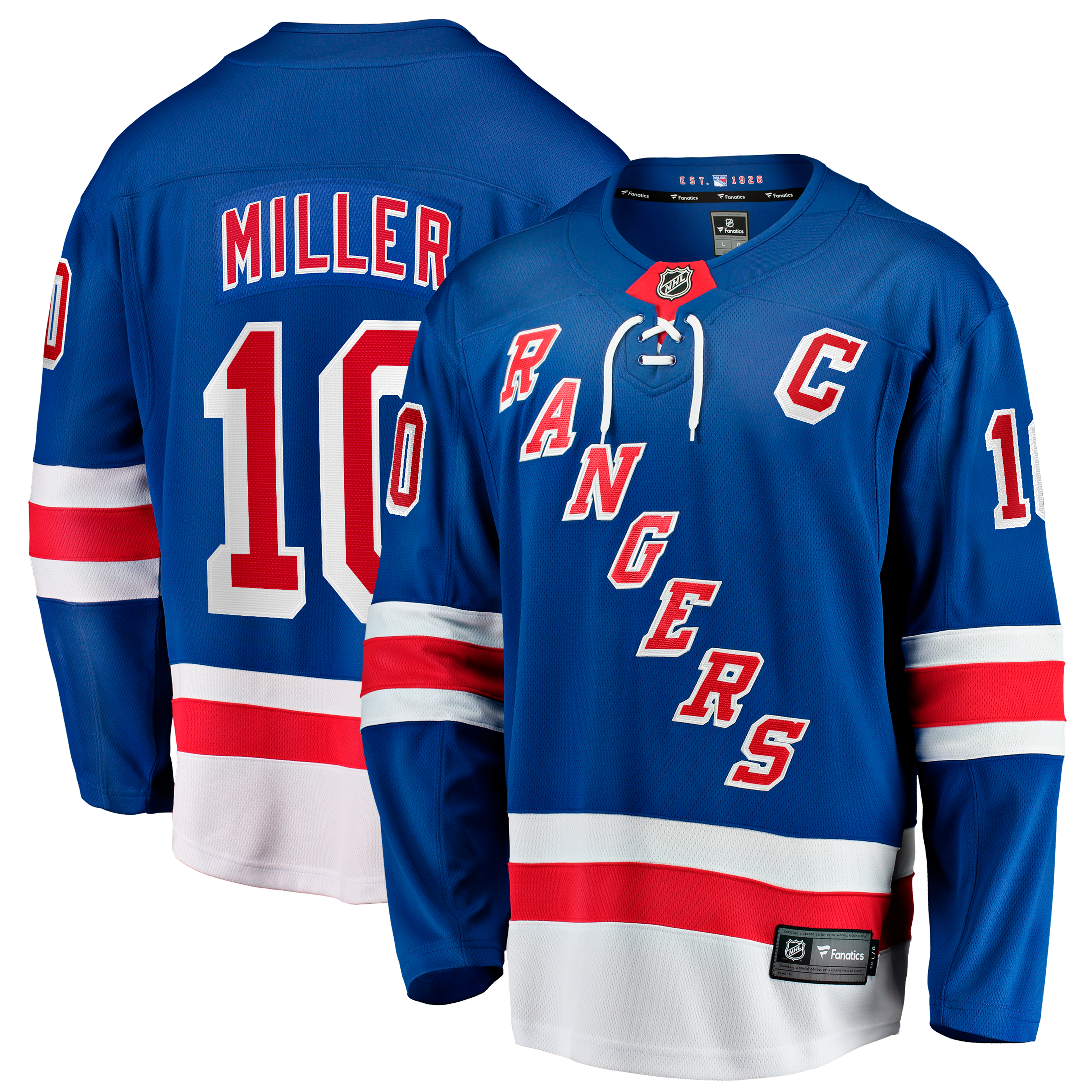 Maillot domicile bleu des Rangers de New York, modèle JT Miller, pour homme, avec écusson capitaine et système fermeture rapide.