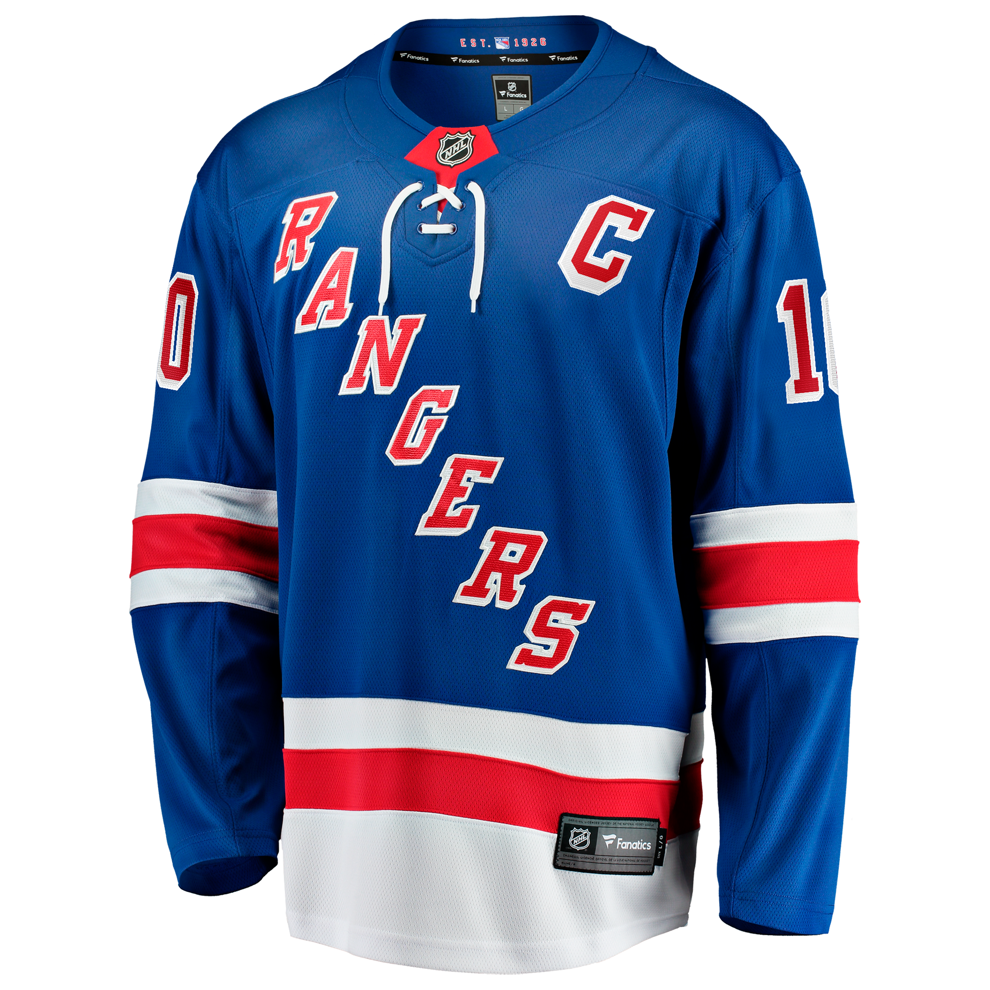 Maillot domicile bleu des Rangers de New York, modèle JT Miller, pour homme, avec écusson capitaine et système fermeture rapide.