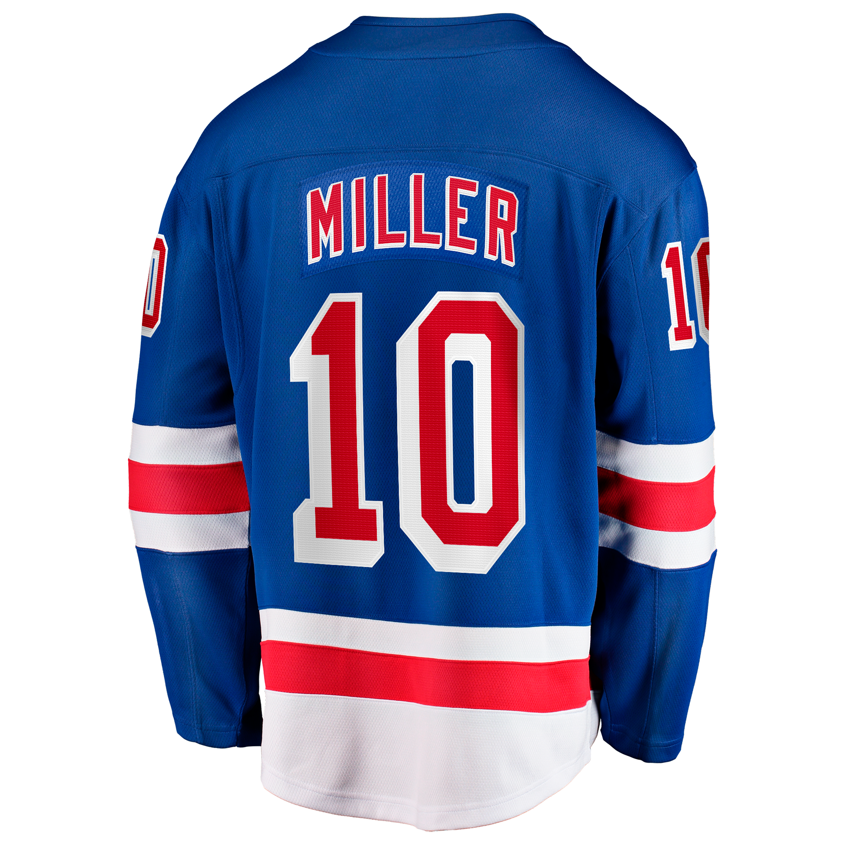 Maillot domicile bleu des Rangers de New York, modèle JT Miller, pour homme, avec écusson capitaine et système fermeture rapide.