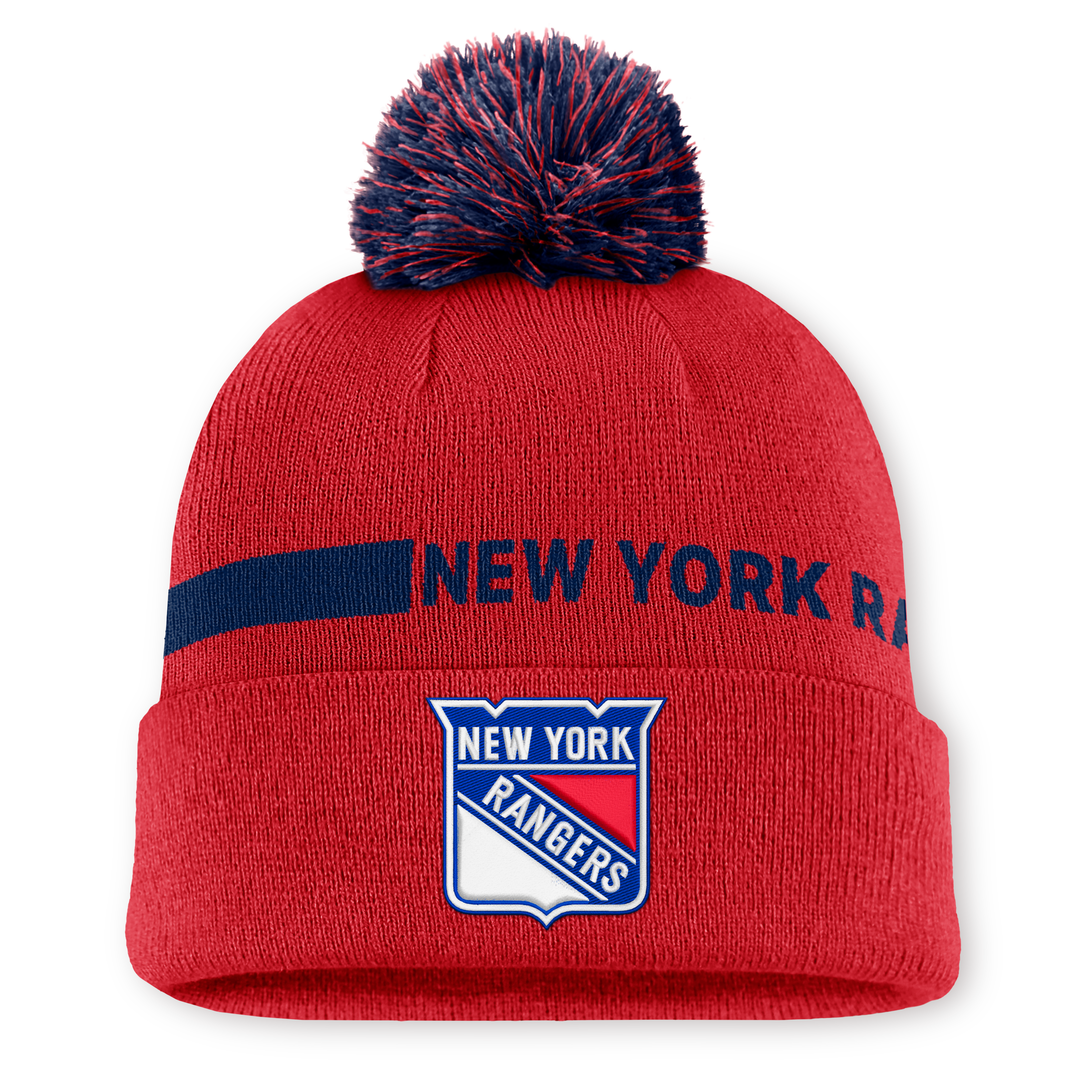 Bonnet à revers Fanatics rouge authentique New York Rangers Pro Rink pour homme avec pompon