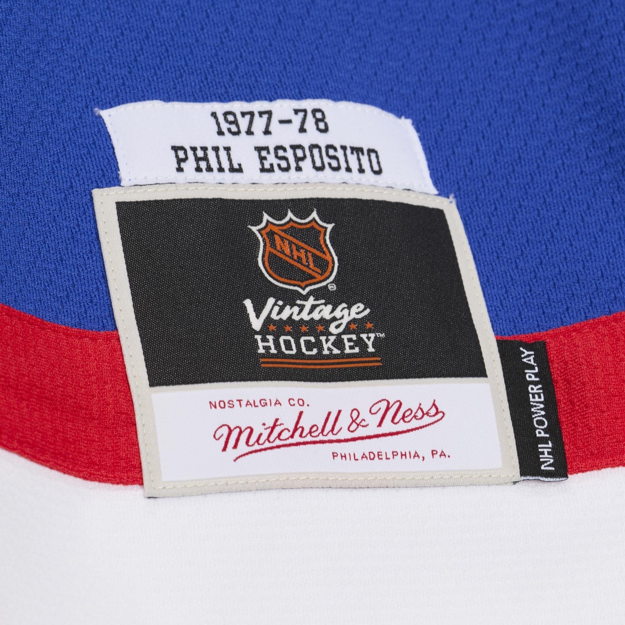 Maillot de jeu puissance Mitchell & Ness Phil Esposito bleu des Rangers New York 1977/78 pour homme