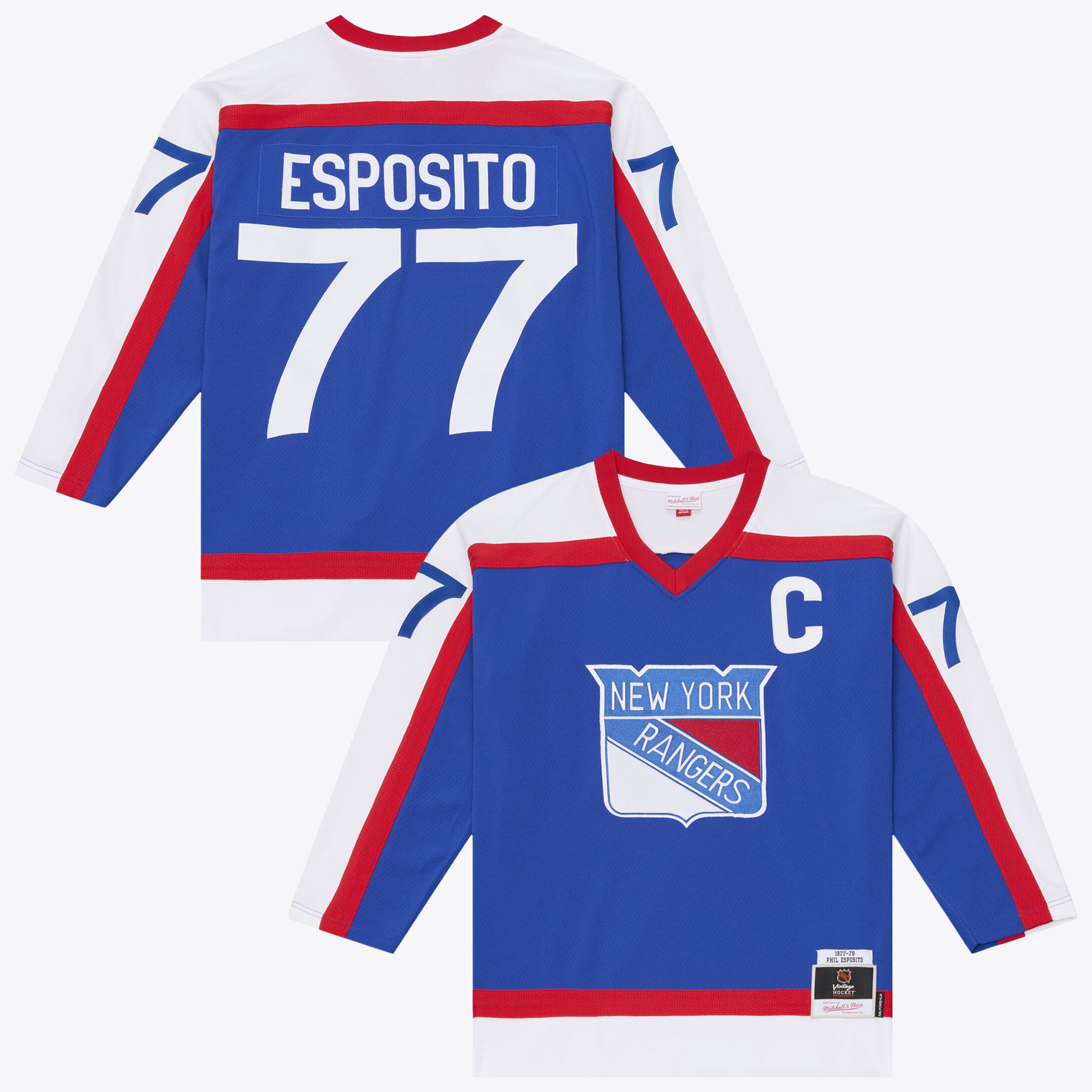 Maillot de jeu puissance Mitchell & Ness Phil Esposito bleu des Rangers New York 1977/78 pour homme