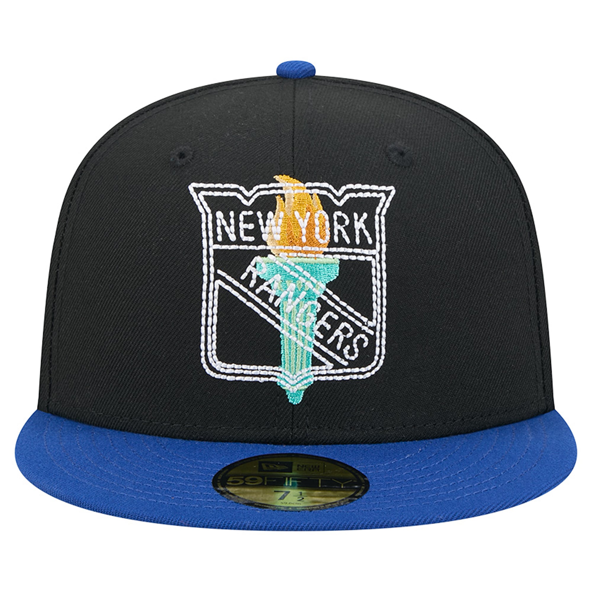 Casquette ajustée New Era 59FIFTY pour homme, noire et bleue, logo York Rangers City Icon, avec surpiqûres apparentes.