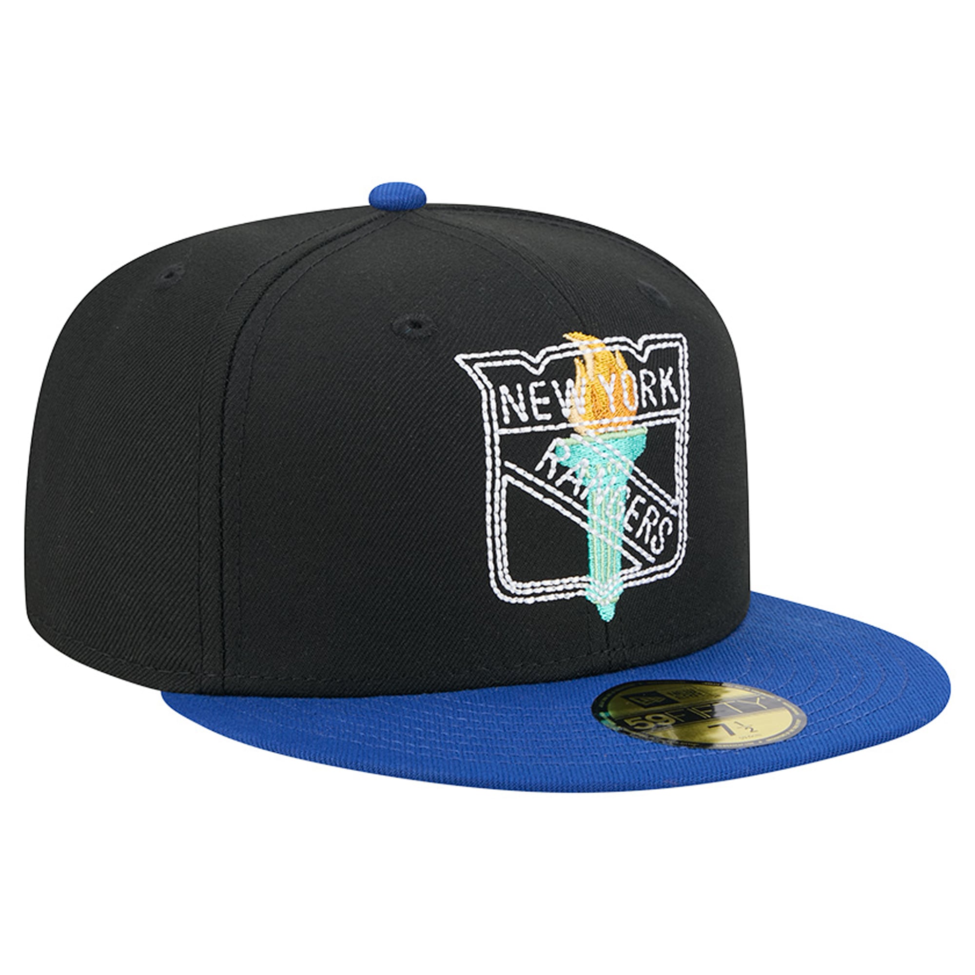 Casquette ajustée New Era 59FIFTY pour homme, noire et bleue, logo York Rangers City Icon, avec surpiqûres apparentes.