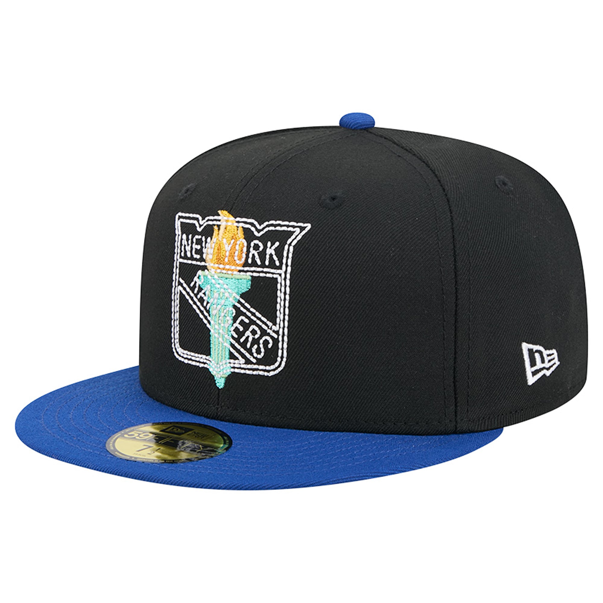 Casquette ajustée New Era 59FIFTY pour homme, noire et bleue, logo York Rangers City Icon, avec surpiqûres apparentes.