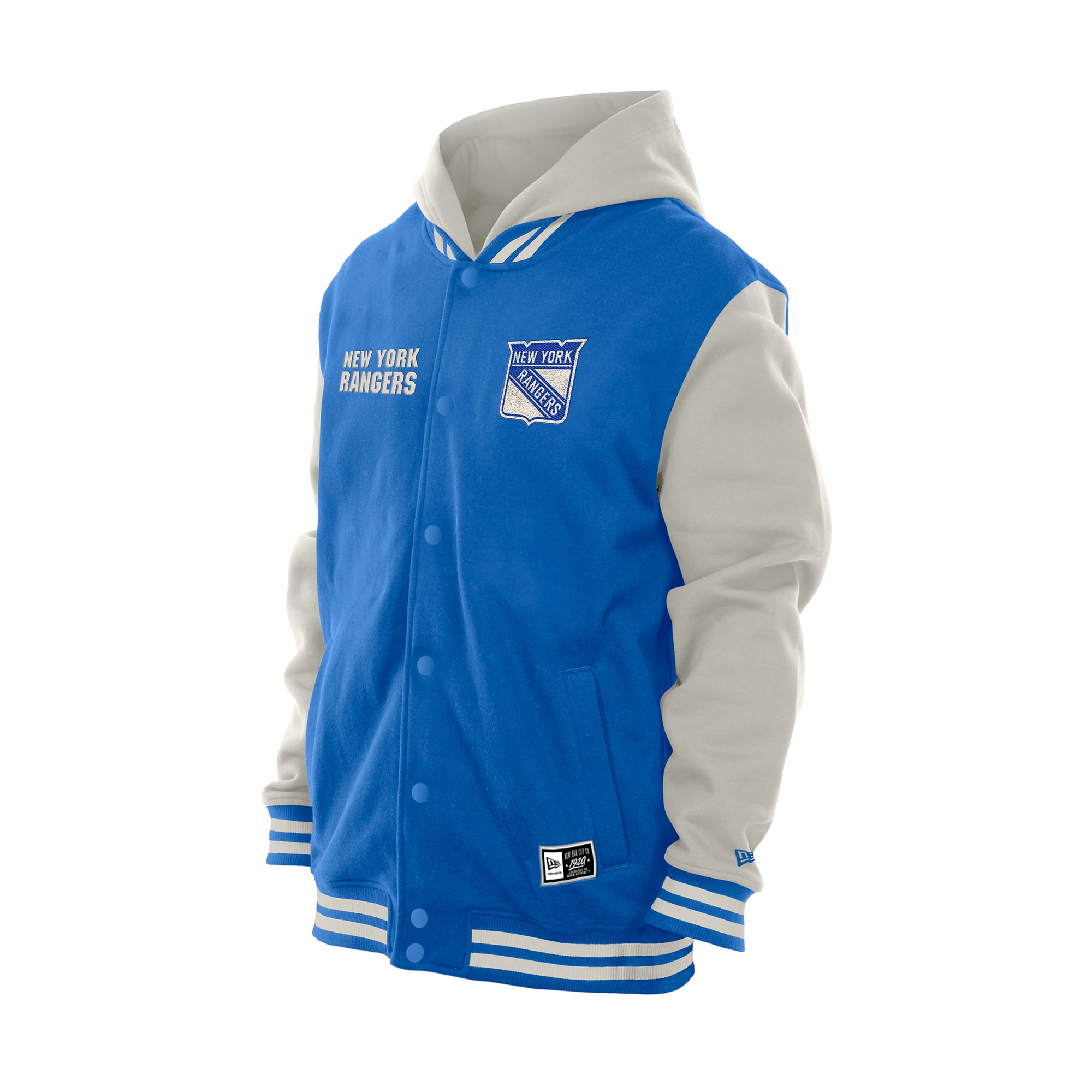 Veste universitaire à capuche New Era bleue/grise pour homme, York Rangers, fermeture boutons-pression.