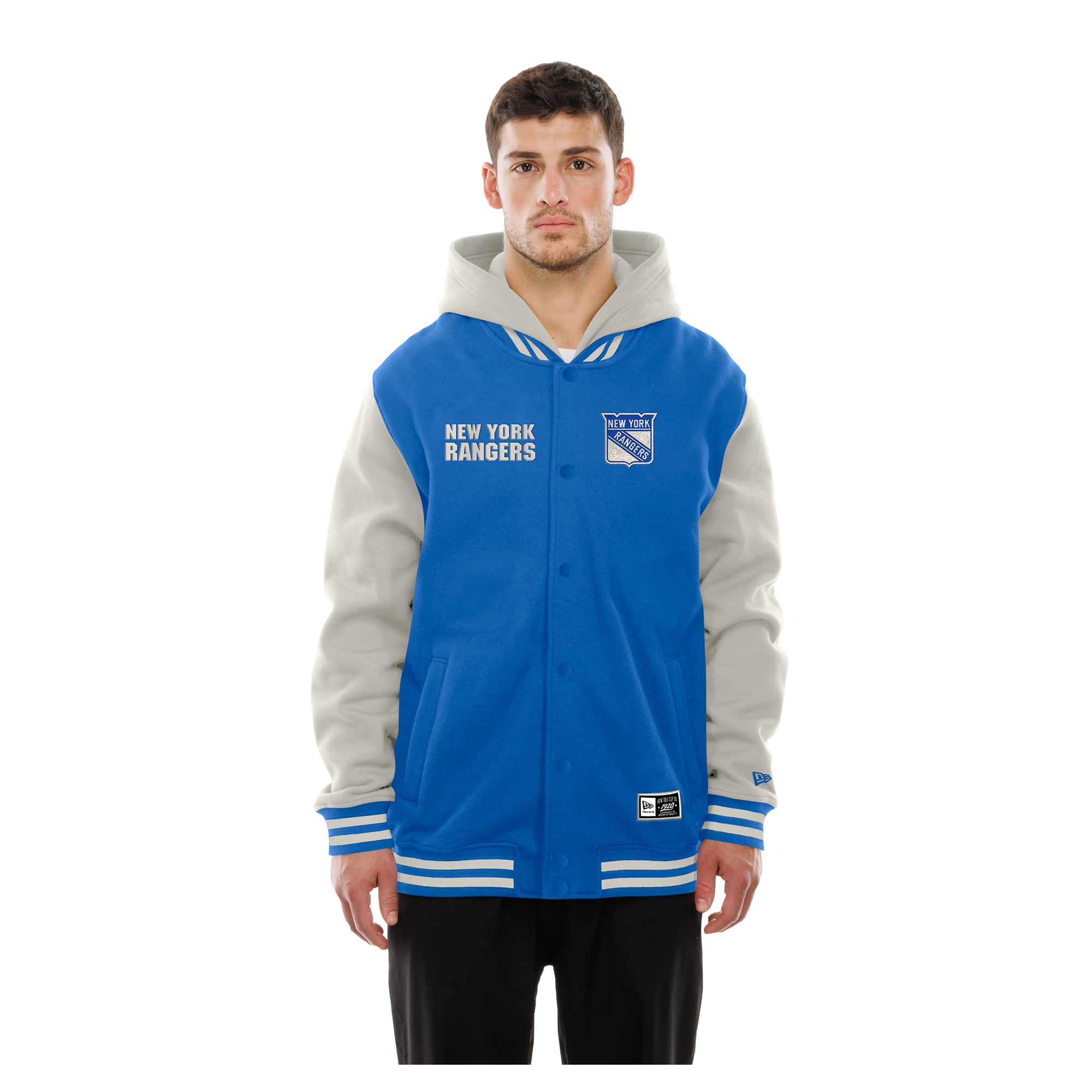 Veste universitaire à capuche New Era bleue/grise pour homme, York Rangers, fermeture boutons-pression.