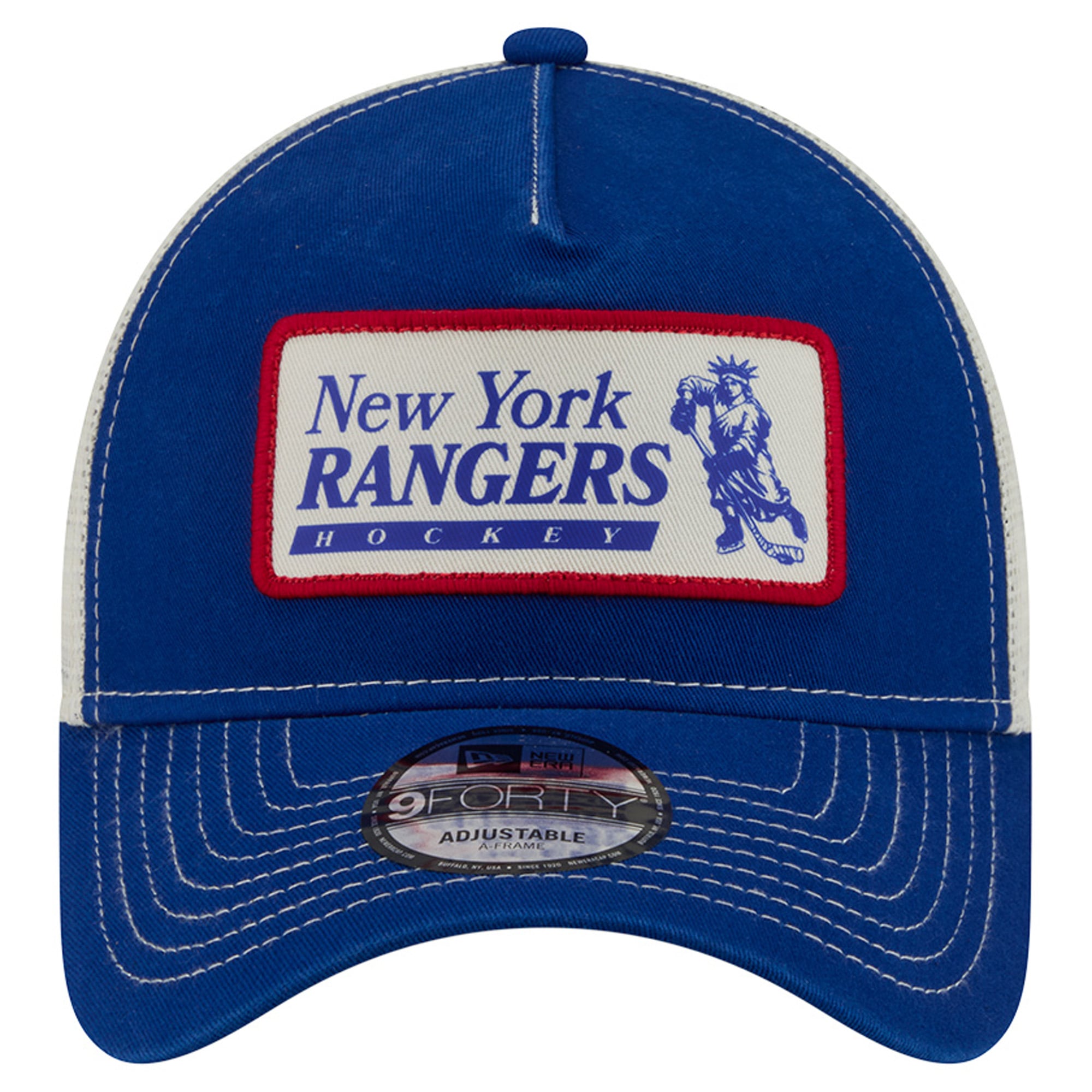 Men's New Era Blue/White New York Rangers Skater Patch A-Frame 9FORTY Adjustable Trucker Hat