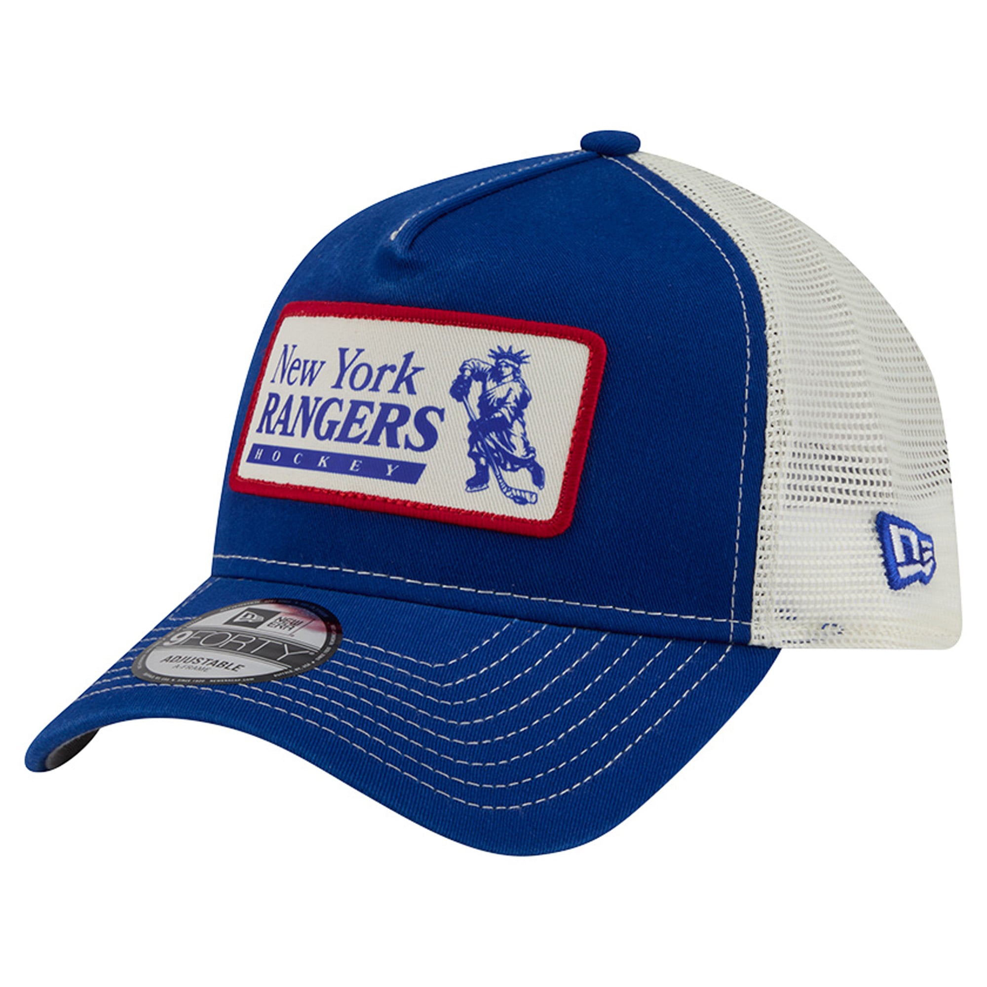 Men's New Era Blue/White New York Rangers Skater Patch A-Frame 9FORTY Adjustable Trucker Hat