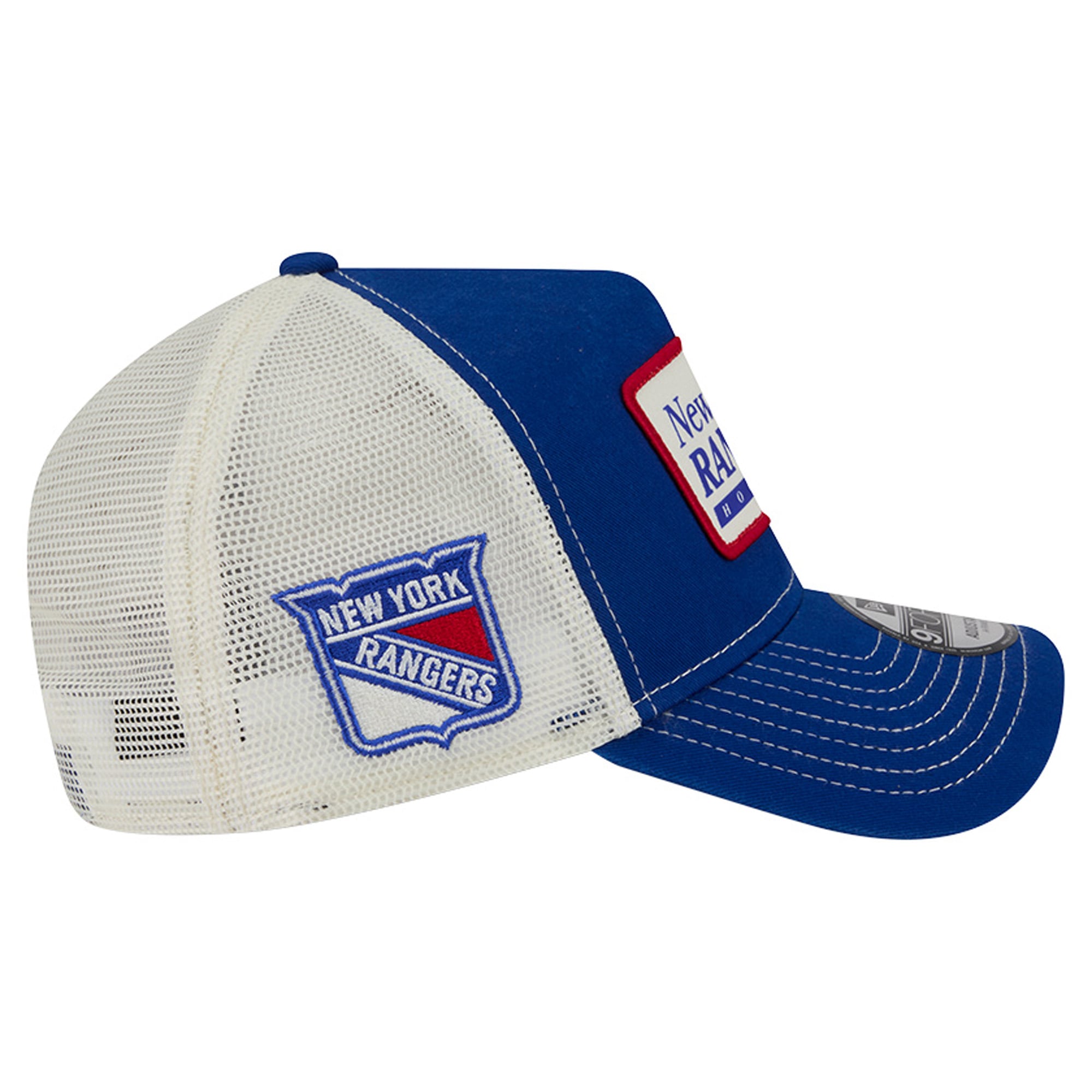 Men's New Era Blue/White New York Rangers Skater Patch A-Frame 9FORTY Adjustable Trucker Hat