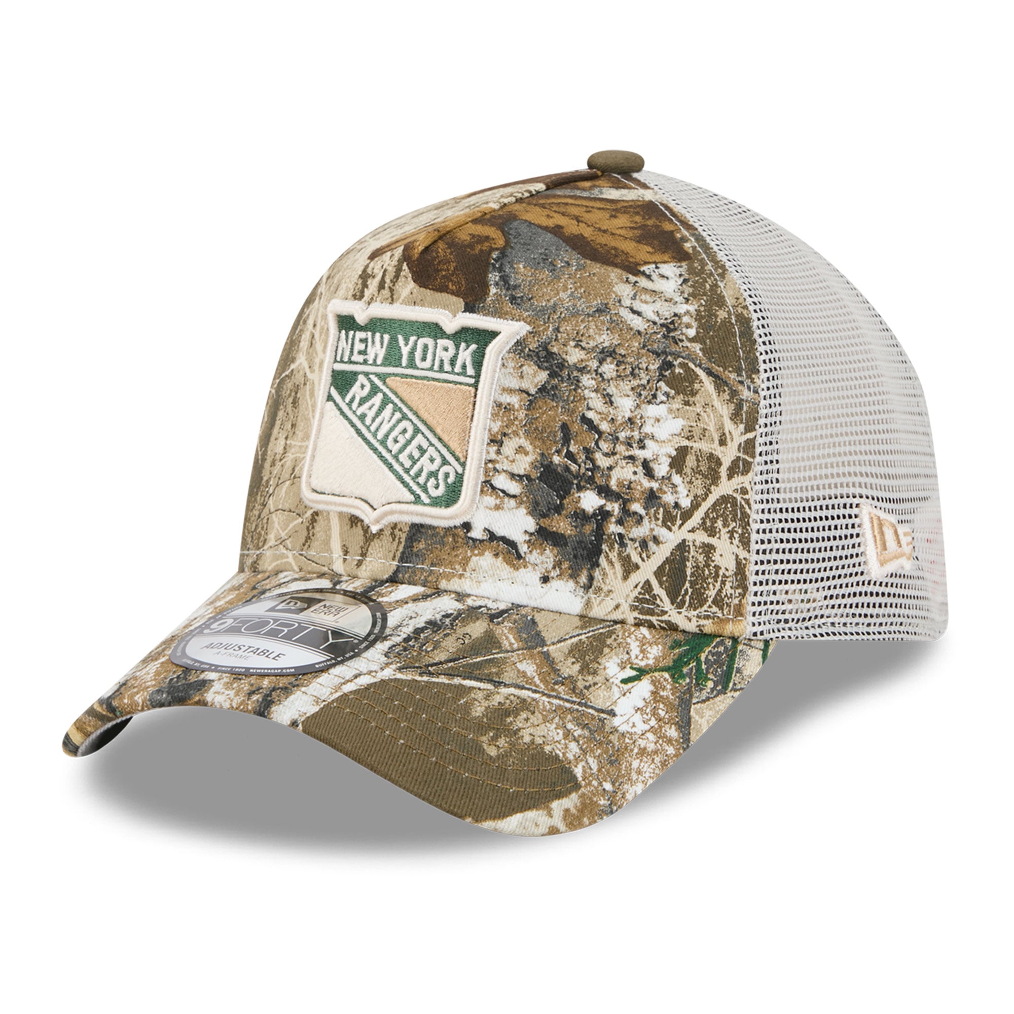 Casquette trucker ajustable New Era Camo New York Rangers Real Tree A-Frame 9FORTY pour homme