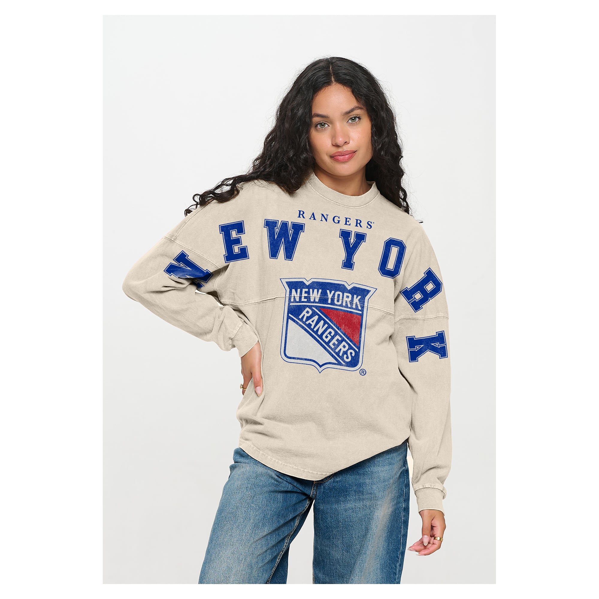 Unisex Fanatics Cream New York Rangers Oversized Front Print Spirit Jersey Long Sleeve T-Shirt