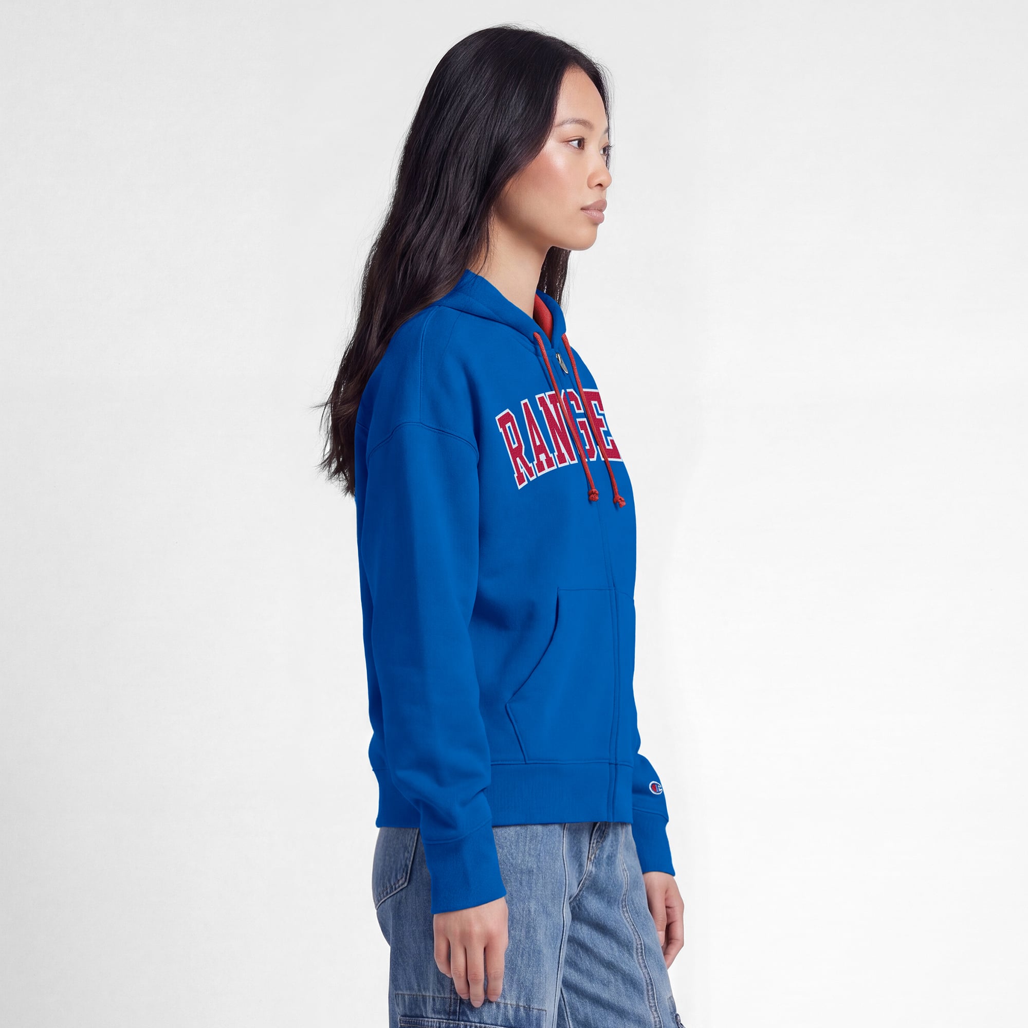 Sweat à capuche zippé en polaire Champion bleu/rouge pour femme, orné d'un appliqué des New York Rangers.