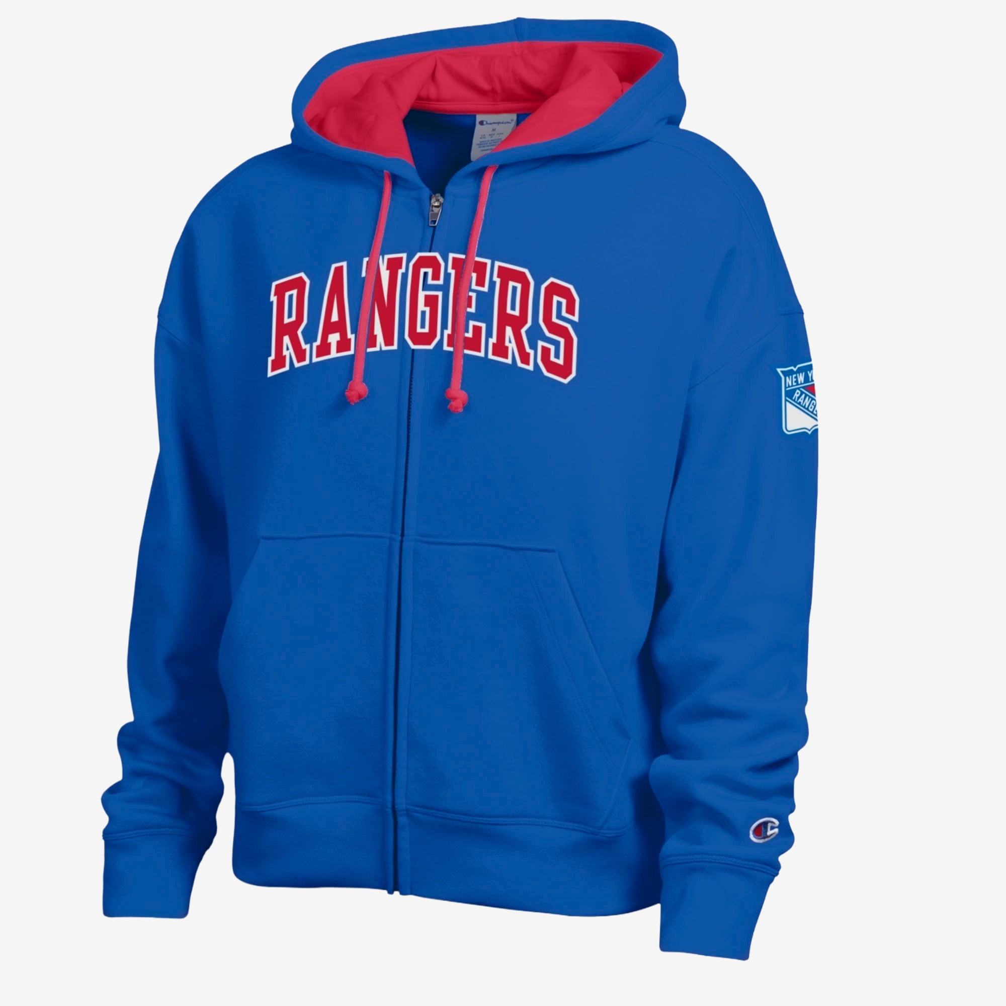 Sweat à capuche zippé en polaire Champion bleu/rouge pour femme, orné d'un appliqué des New York Rangers.