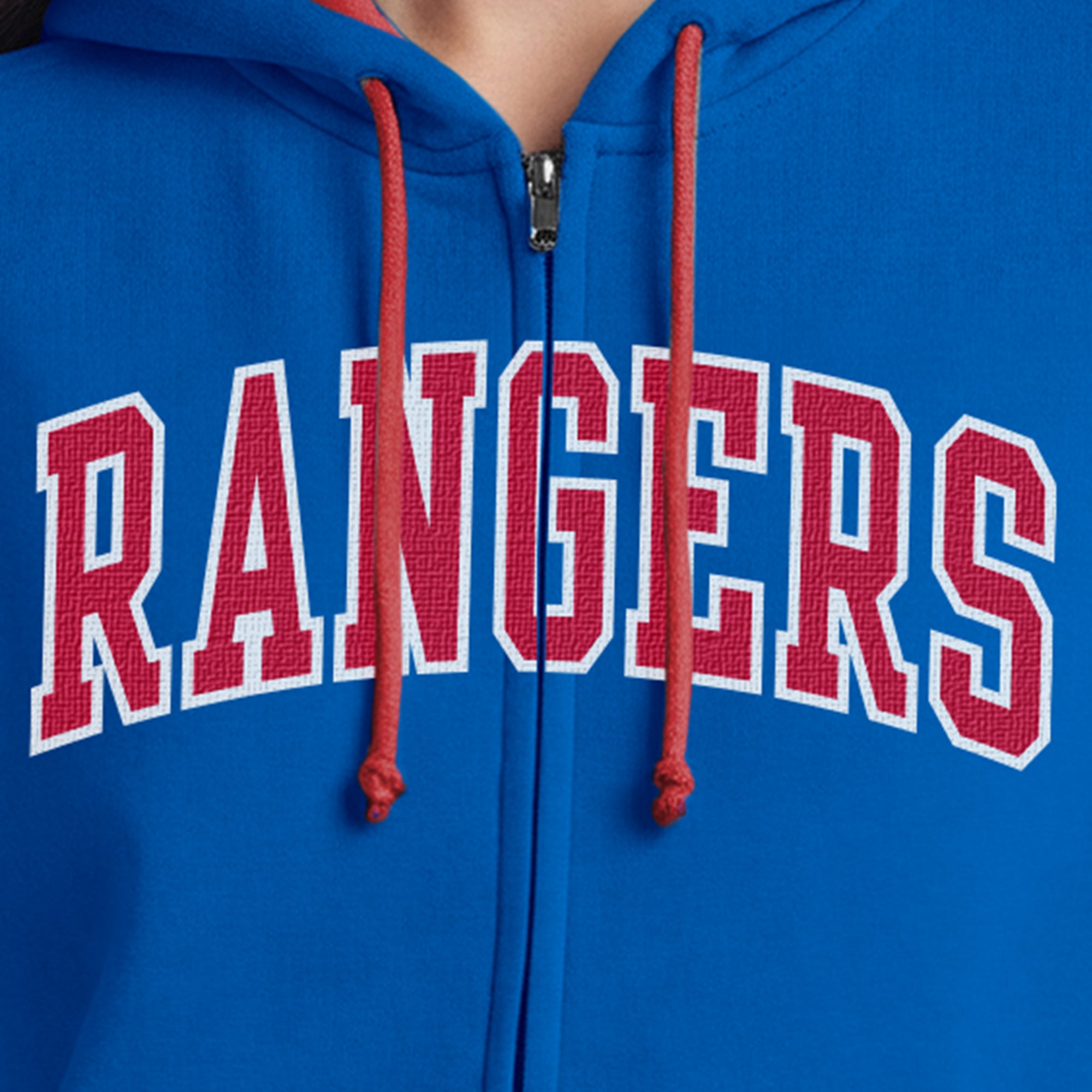 Sweat à capuche zippé en polaire Champion bleu/rouge pour femme, orné d'un appliqué des New York Rangers.