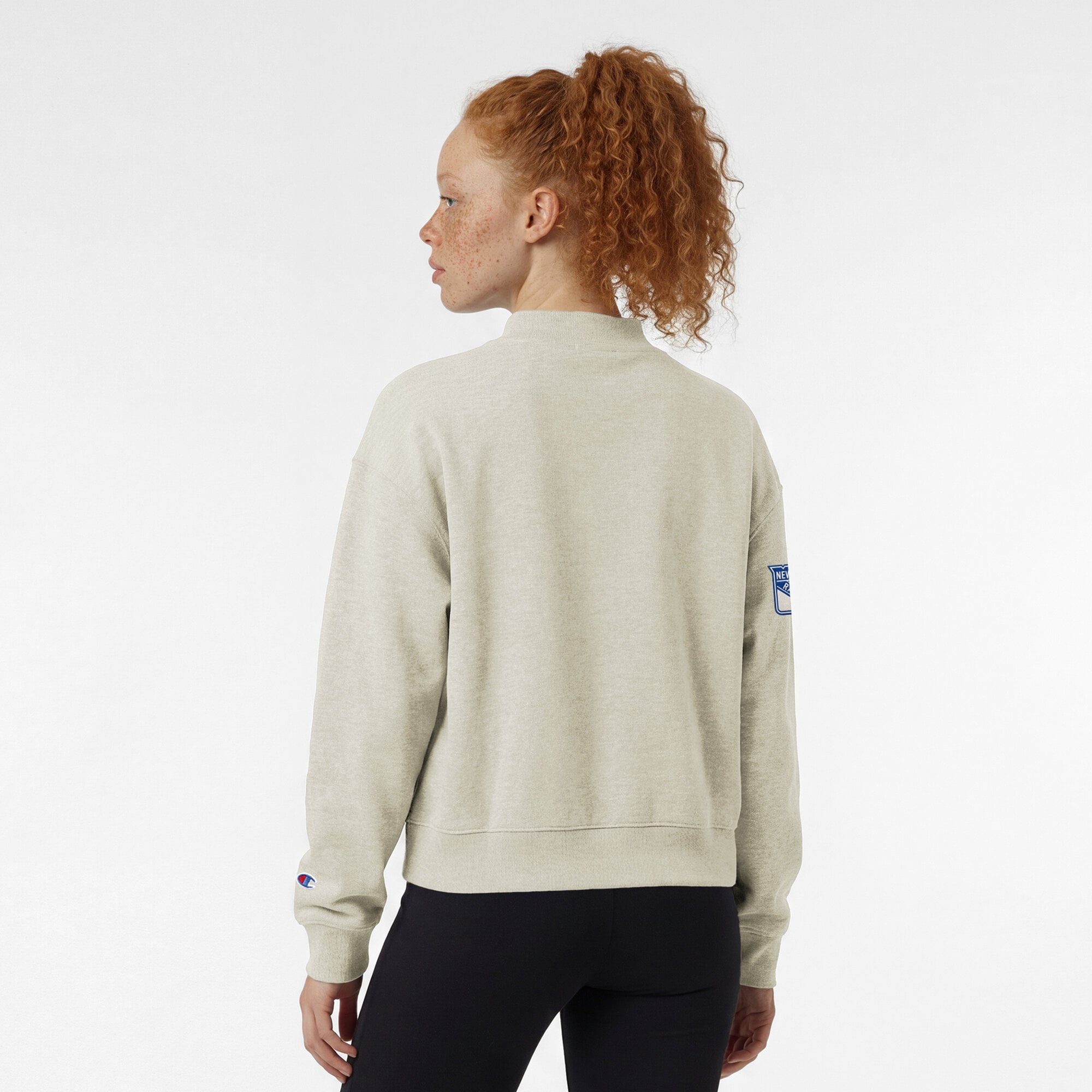 Women's Champion  Oatmeal New York Rangers Collar Script Triumph Tri-Blend Fleece Sweatshirt
