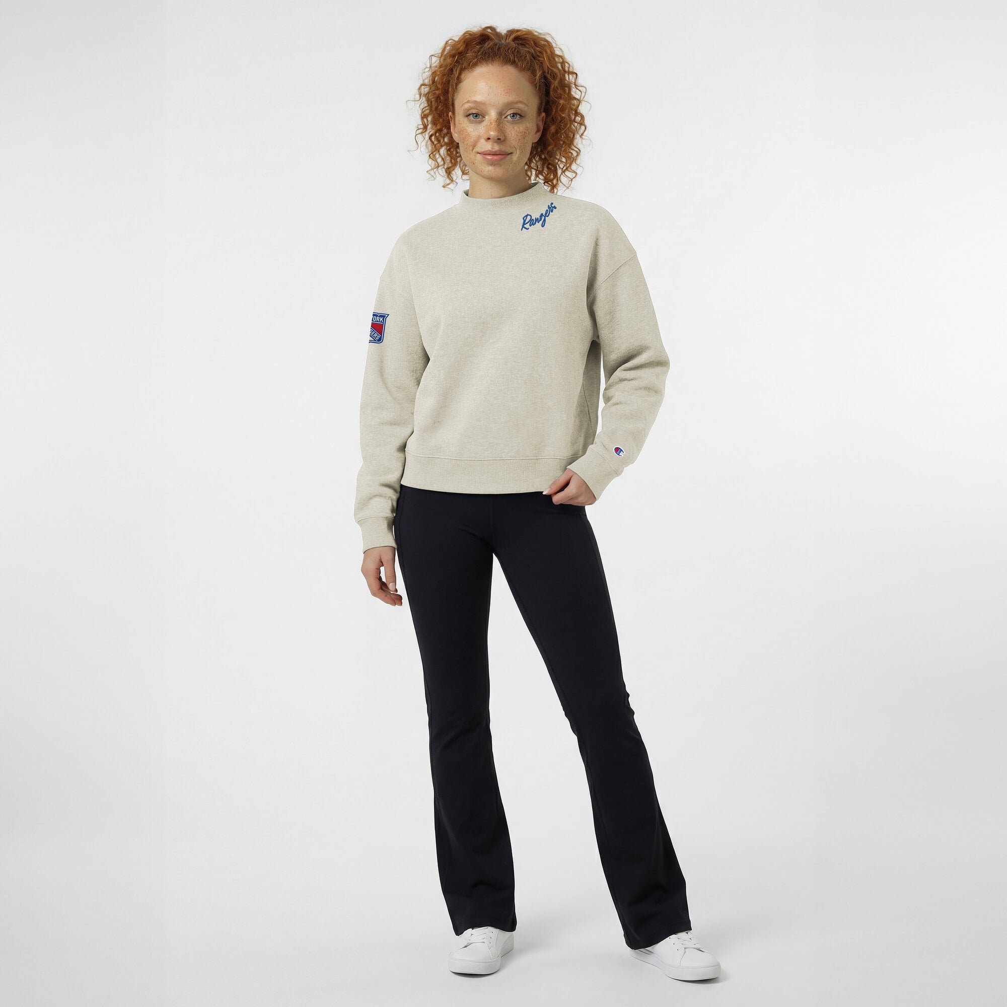 Women's Champion  Oatmeal New York Rangers Collar Script Triumph Tri-Blend Fleece Sweatshirt