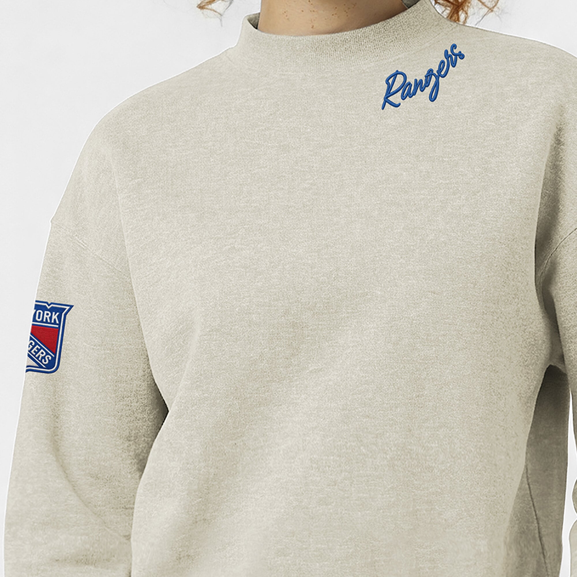 Women's Champion  Oatmeal New York Rangers Collar Script Triumph Tri-Blend Fleece Sweatshirt