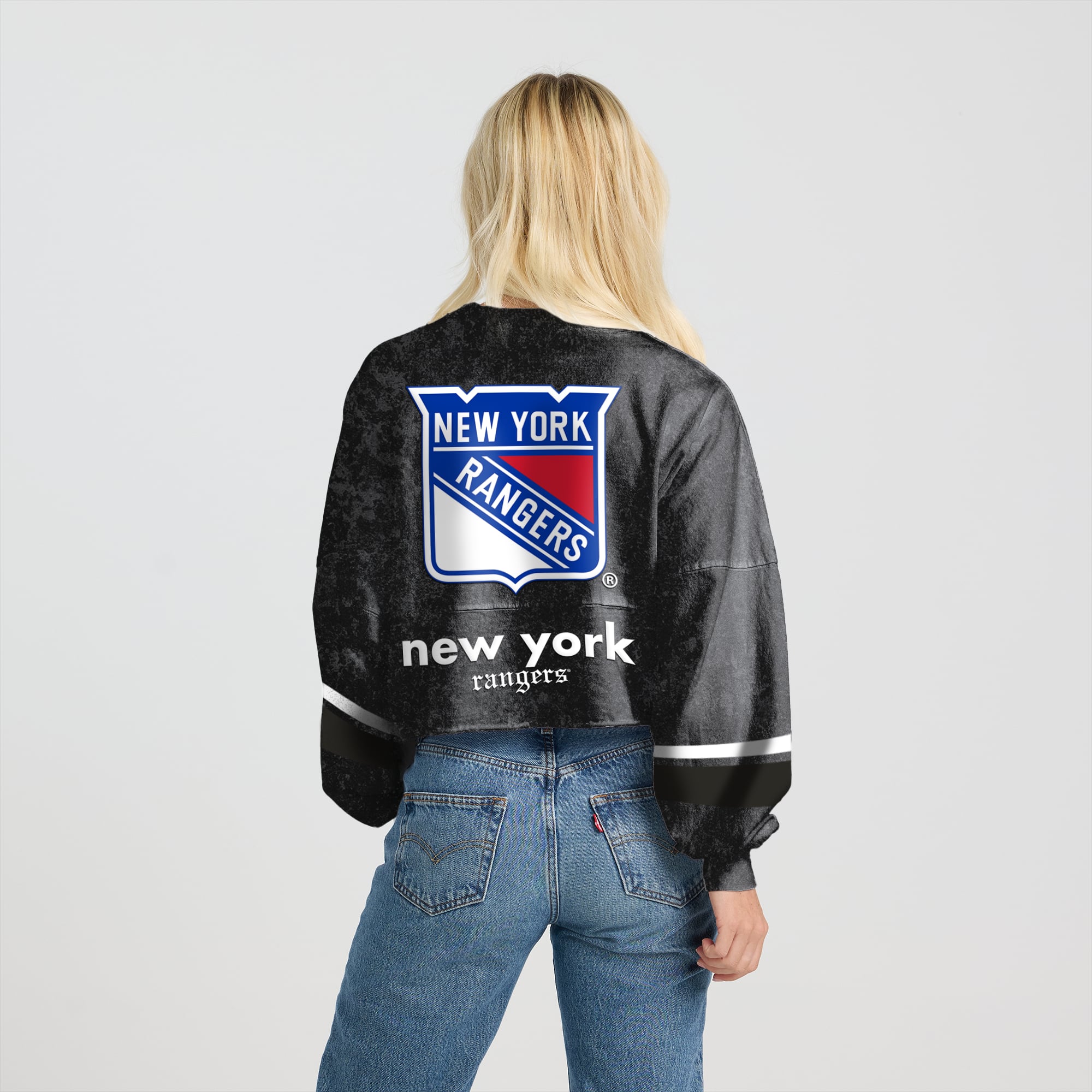Women's Fanatics Black New York Rangers Mineral Wash Oversized Long Sleeve Jersey T-Shirt