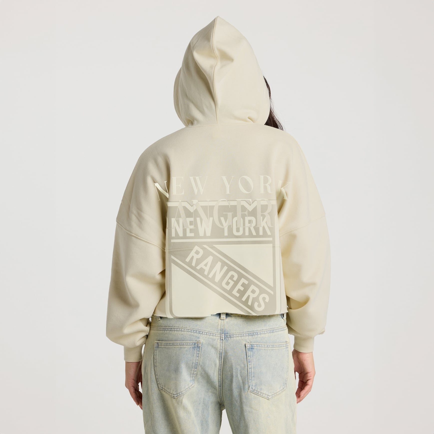 Sweat à capuche court lacets crème New York Rangers pour femme de Fanatics