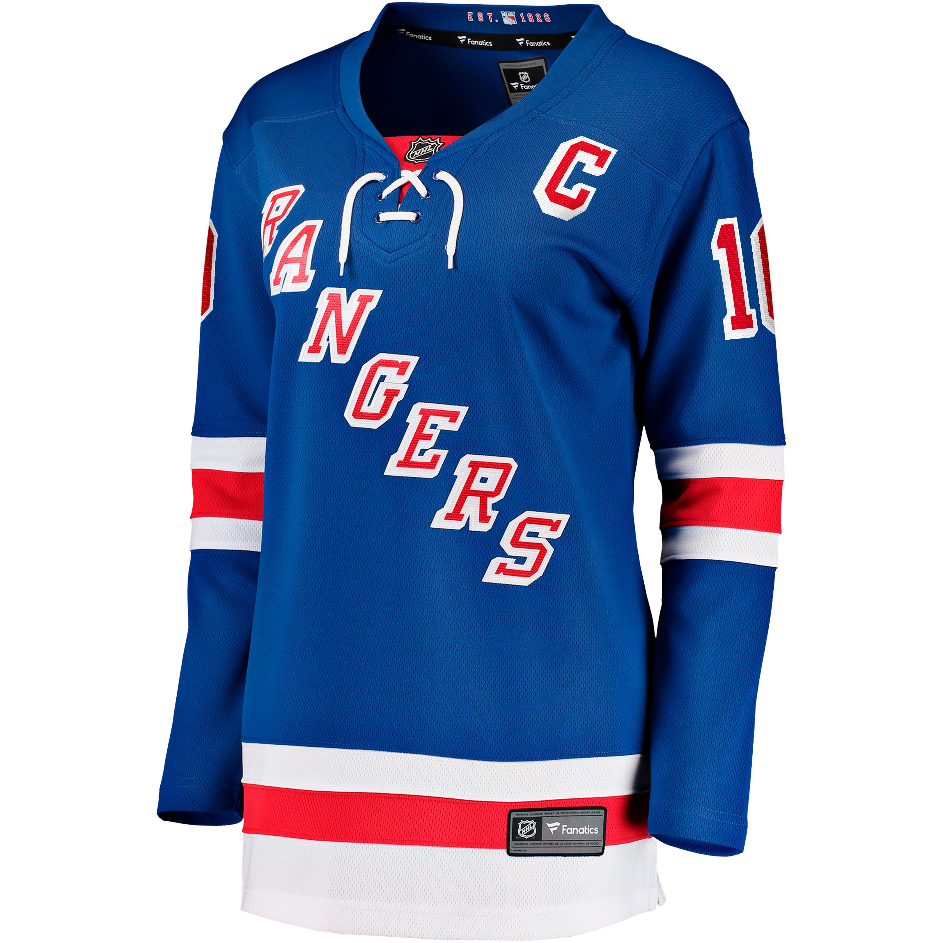 Maillot domicile bleu des Rangers de New York pour femmes, modèle JT Miller Fanatics, avec écusson capitaine et système fermeture.
