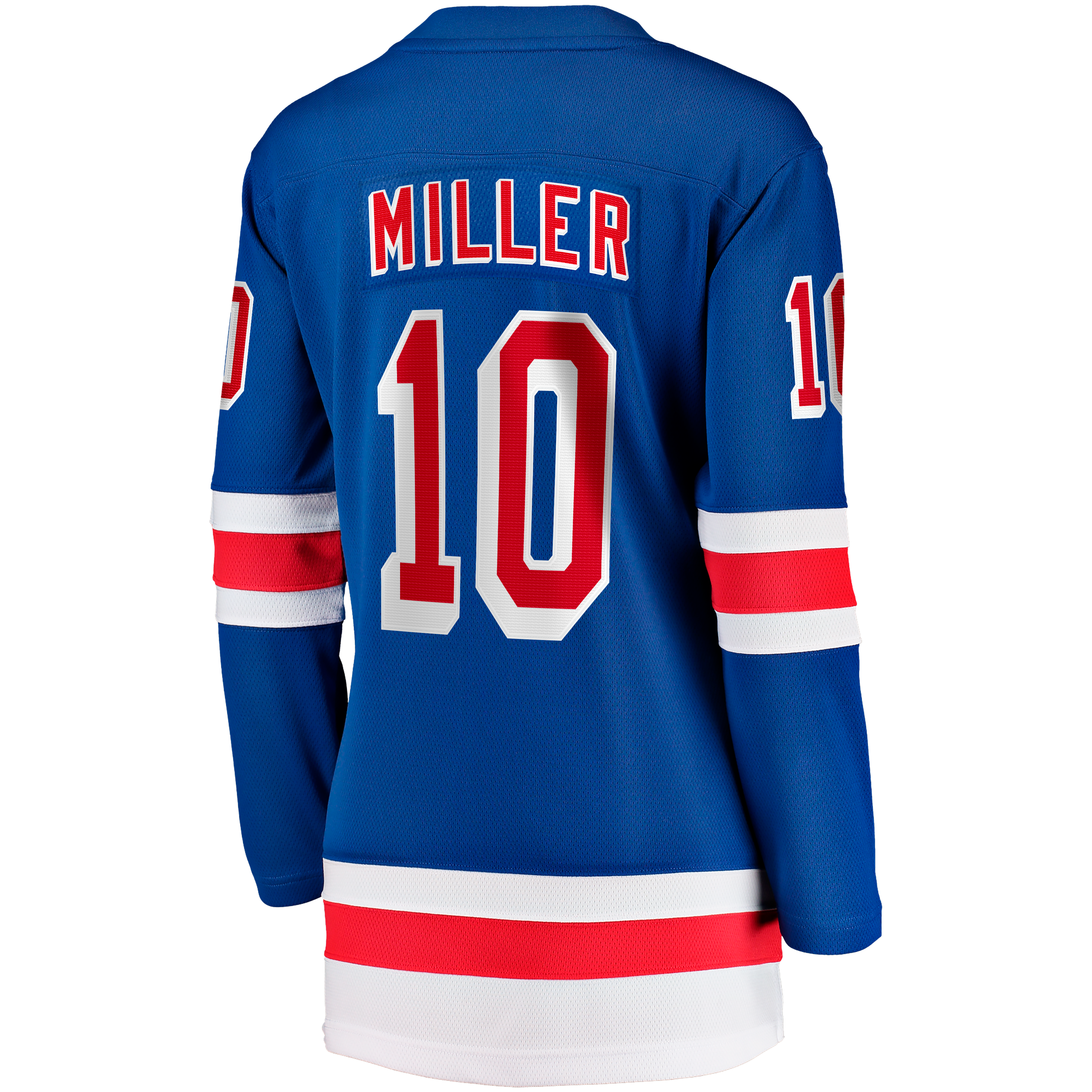 Maillot domicile bleu des Rangers de New York pour femmes, modèle JT Miller Fanatics, avec écusson capitaine et système fermeture.