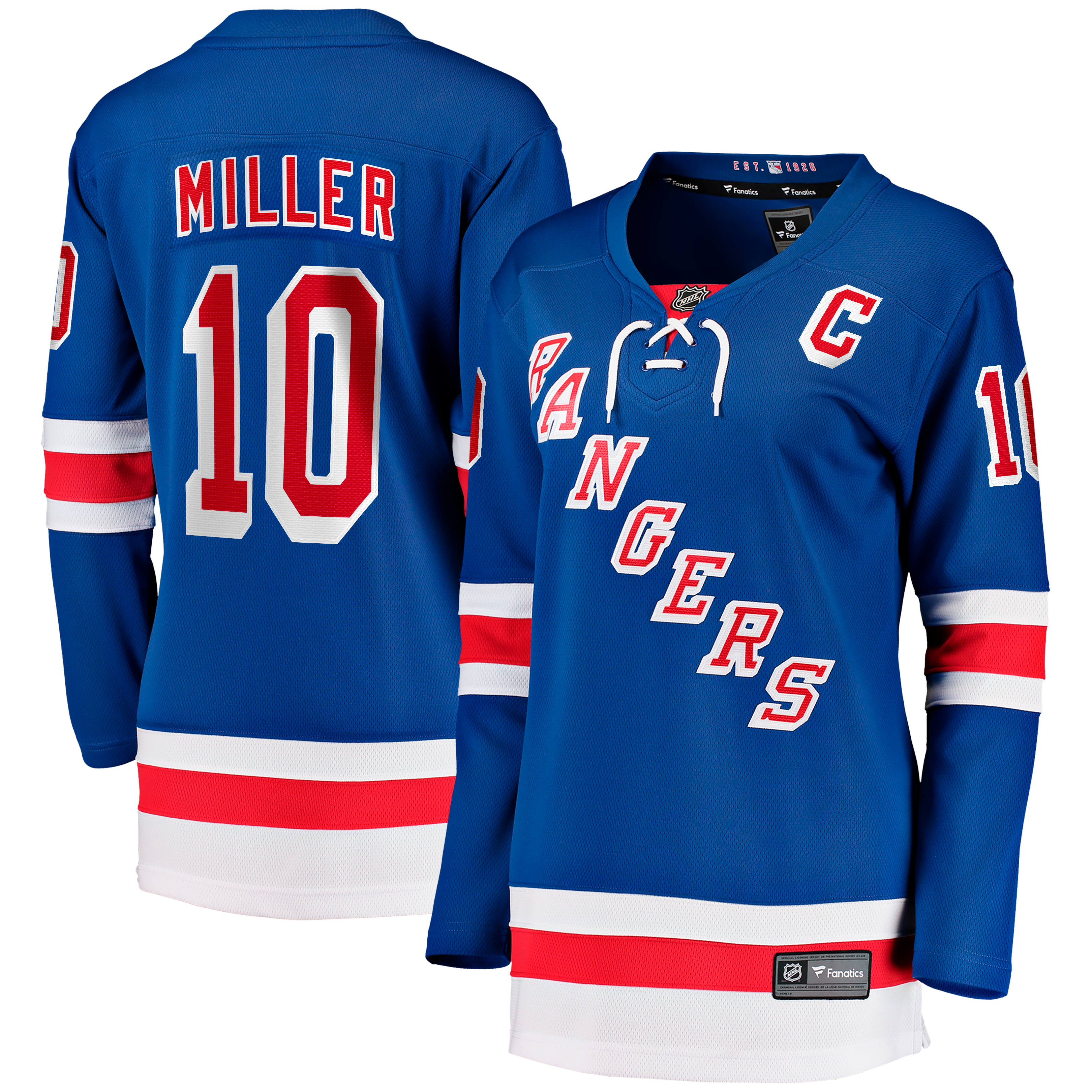 Maillot domicile bleu des Rangers de New York pour femmes, modèle JT Miller Fanatics, avec écusson capitaine et système fermeture.