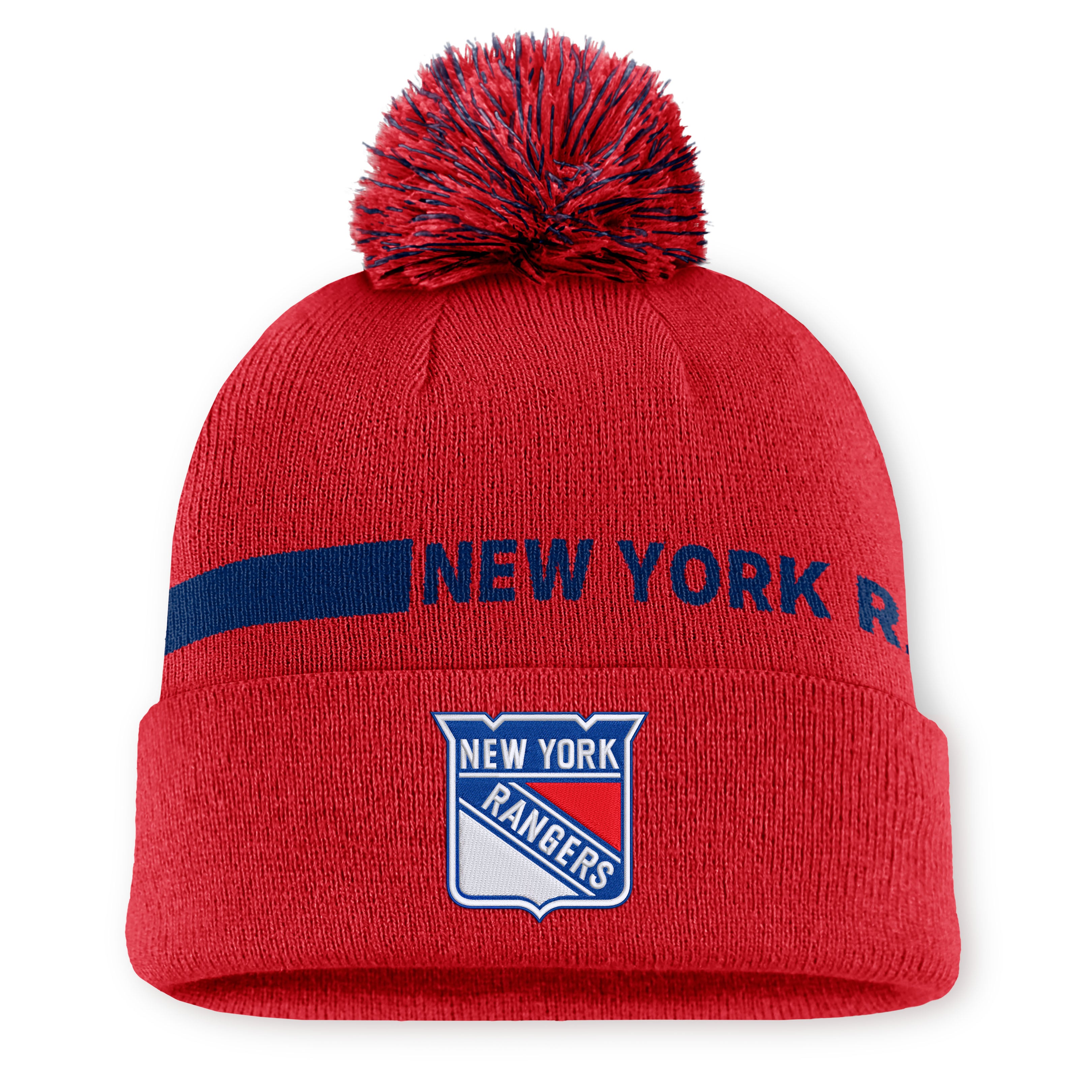Bonnet tricoté à revers Fanatics rouge authentique New York Rangers pour femme, avec pompon