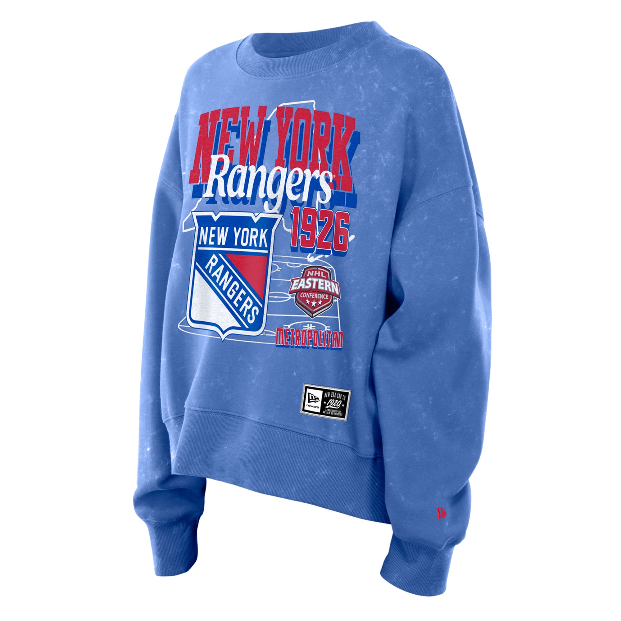 Sweat-shirt à col rond New Era bleu York Rangers pour femme, style rétro, en molleton délavé.