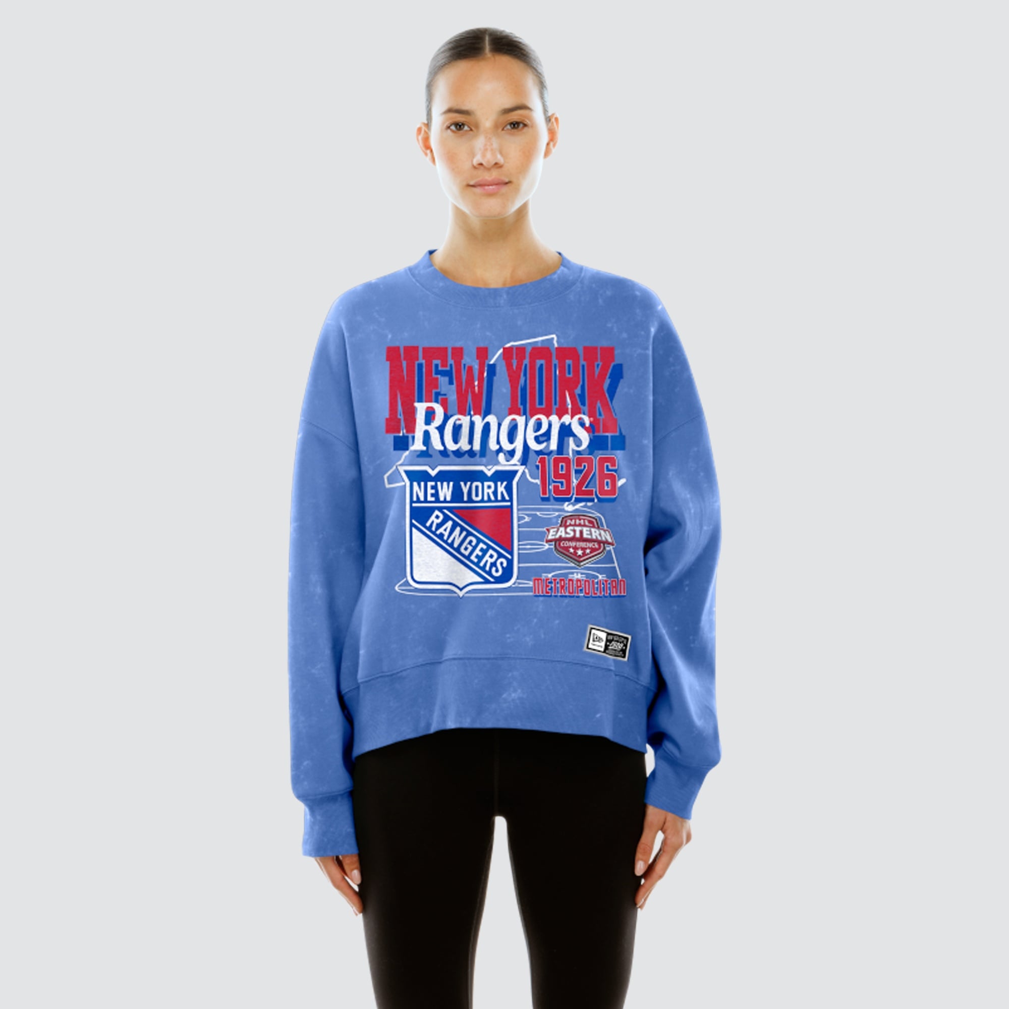 Sweat-shirt à col rond New Era bleu York Rangers pour femme, style rétro, en molleton délavé.