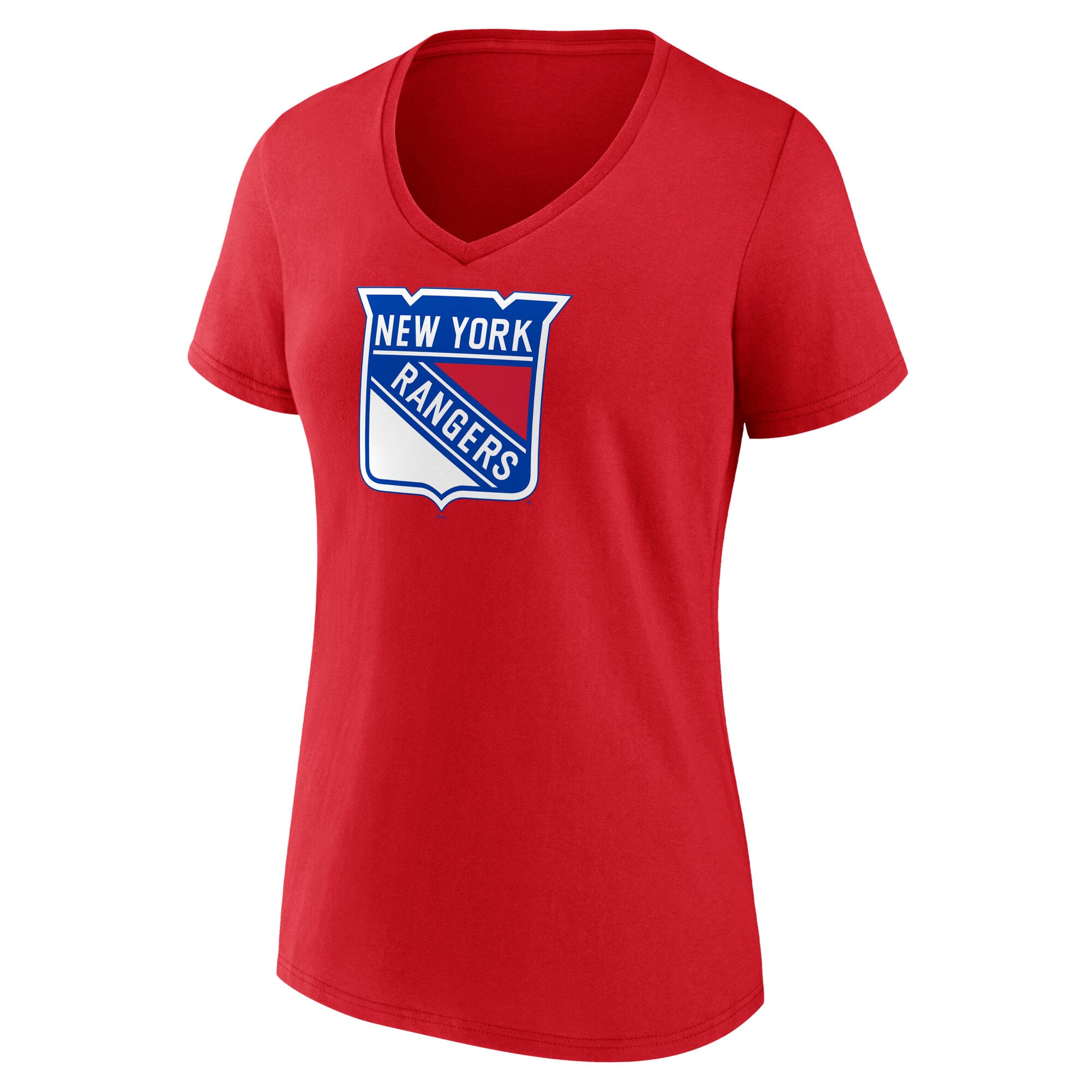 T-shirt à col en V rouge pour femme avec logo principal des New York Rangers