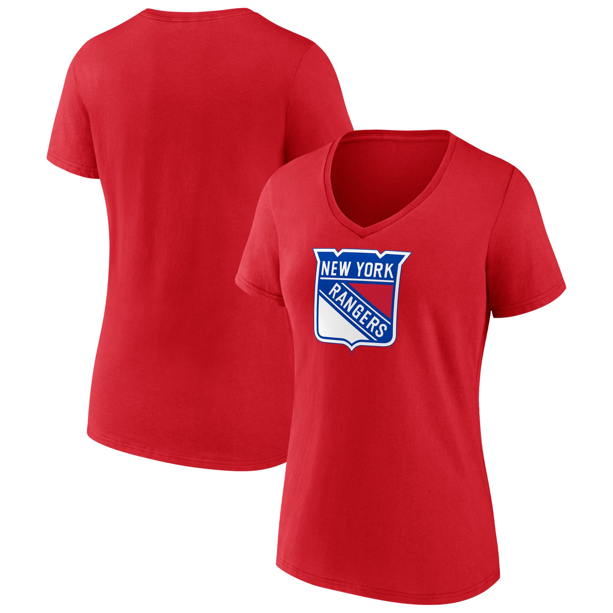 T-shirt à col en V rouge pour femme avec logo principal des New York Rangers