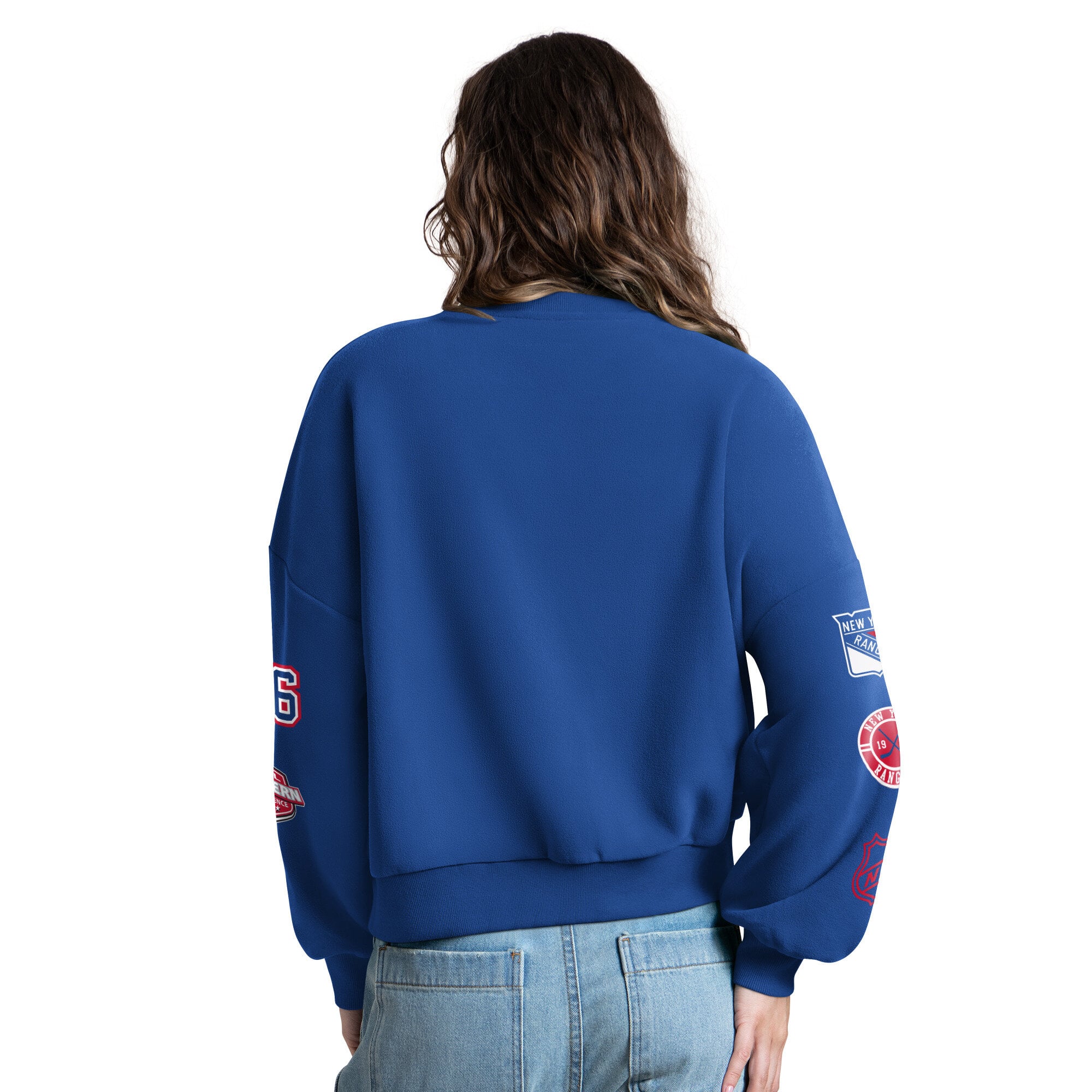 Women's Starter Blue New York Rangers Fan Catch Applique Sleeve Print Sweatshirt