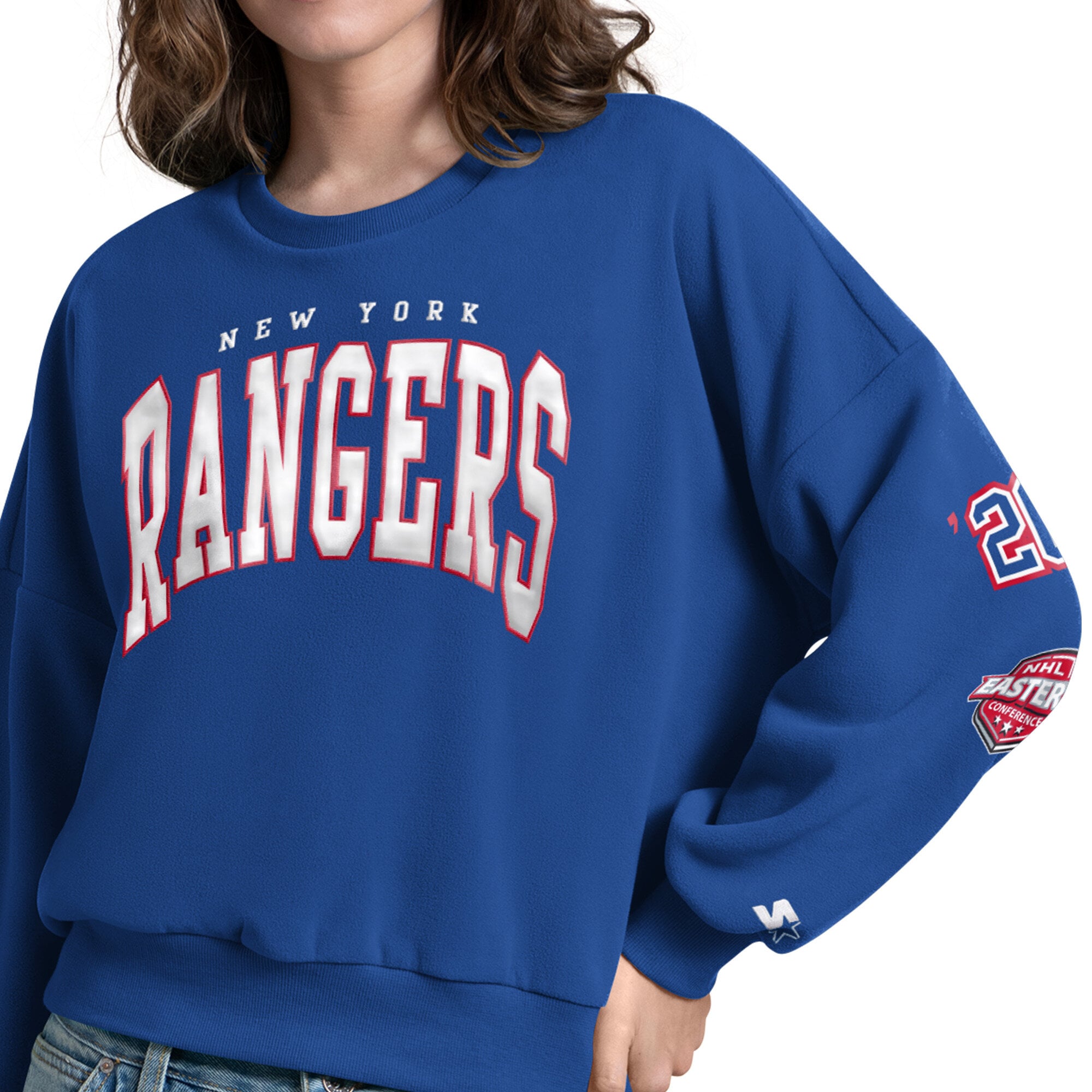 Women's Starter Blue New York Rangers Fan Catch Applique Sleeve Print Sweatshirt
