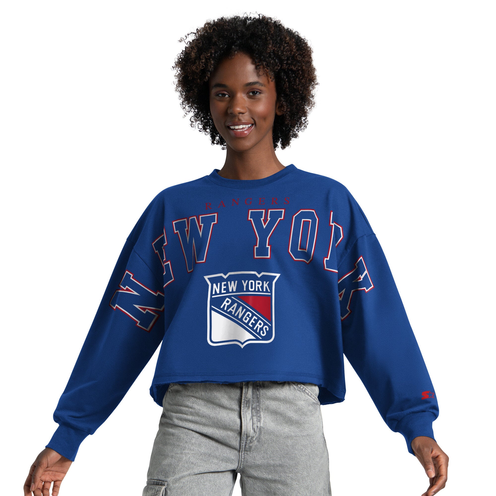 Sweat-shirt court à épaules tombantes Starter Royal pour femme, New York Rangers Bleachers
