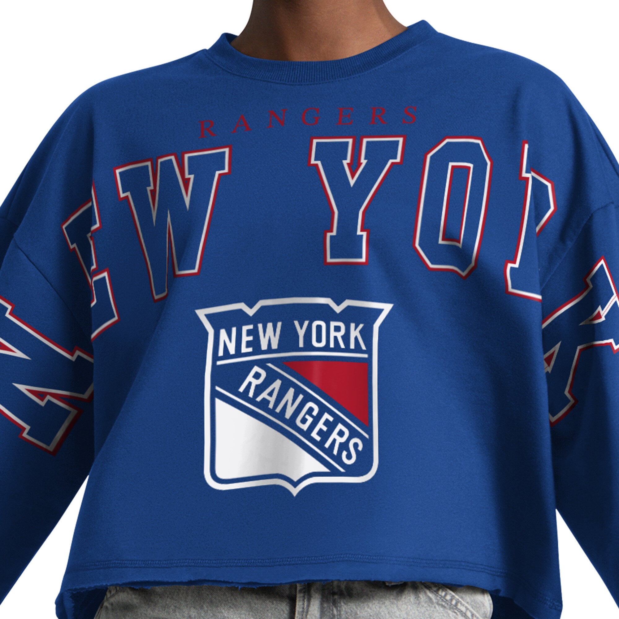 Sweat-shirt court à épaules tombantes Starter Royal pour femme, New York Rangers Bleachers