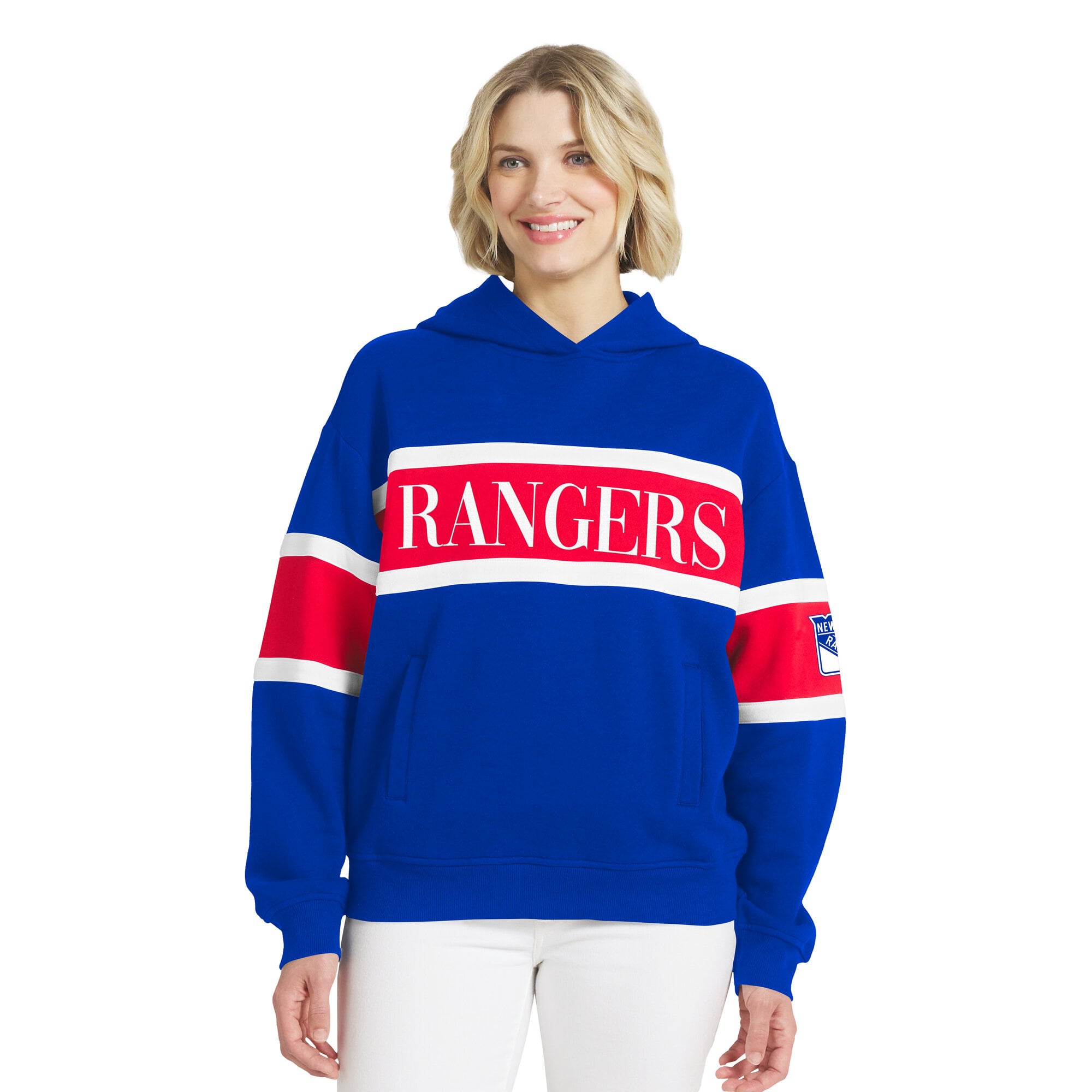 Sweat à capuche rayé bleu New York Rangers de la marque WEAR by Erin Andrews pour femme