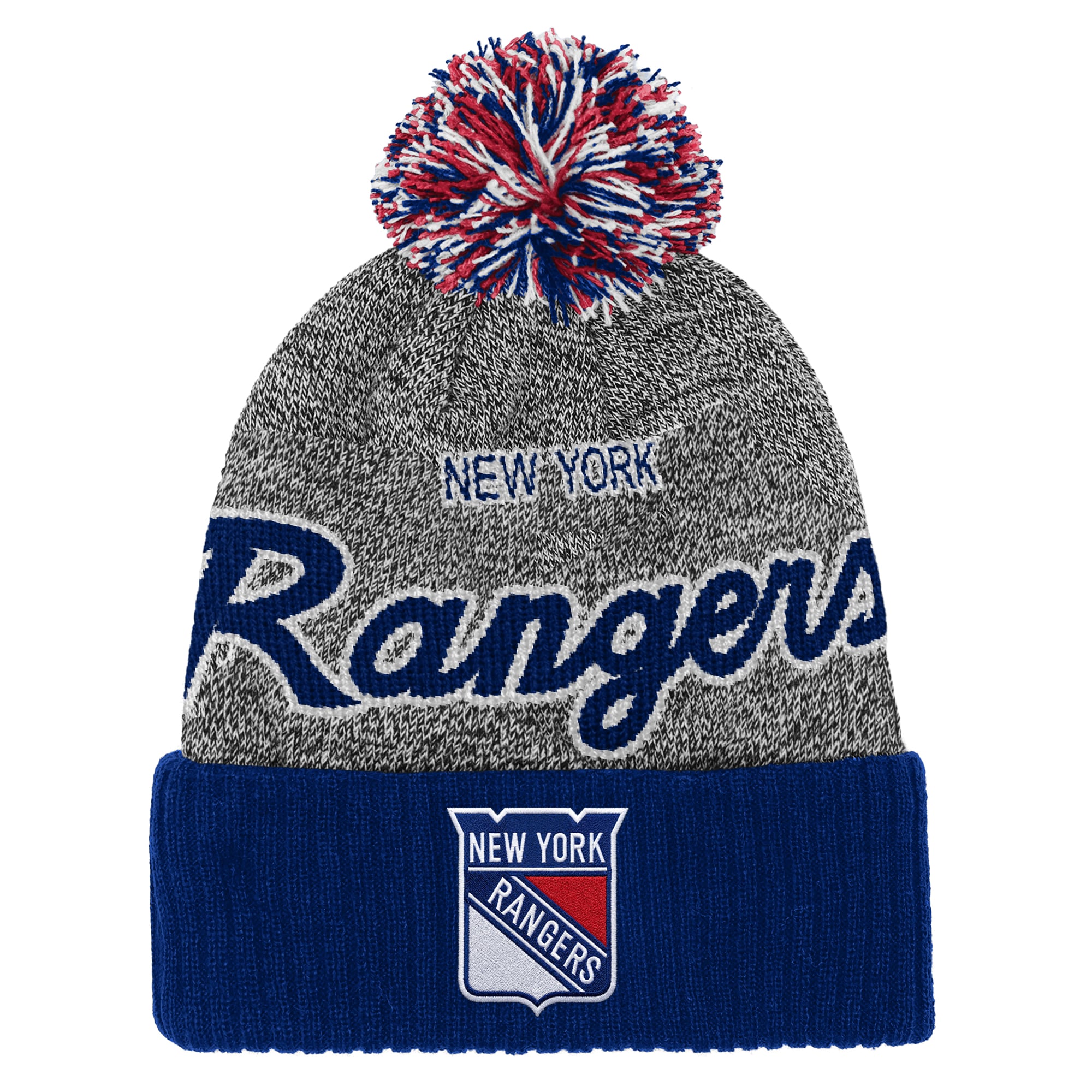 Bonnet à revers Mitchell & Ness bleu/gris à l'effigie de la mascotte des Rangers de New York, avec pompon.