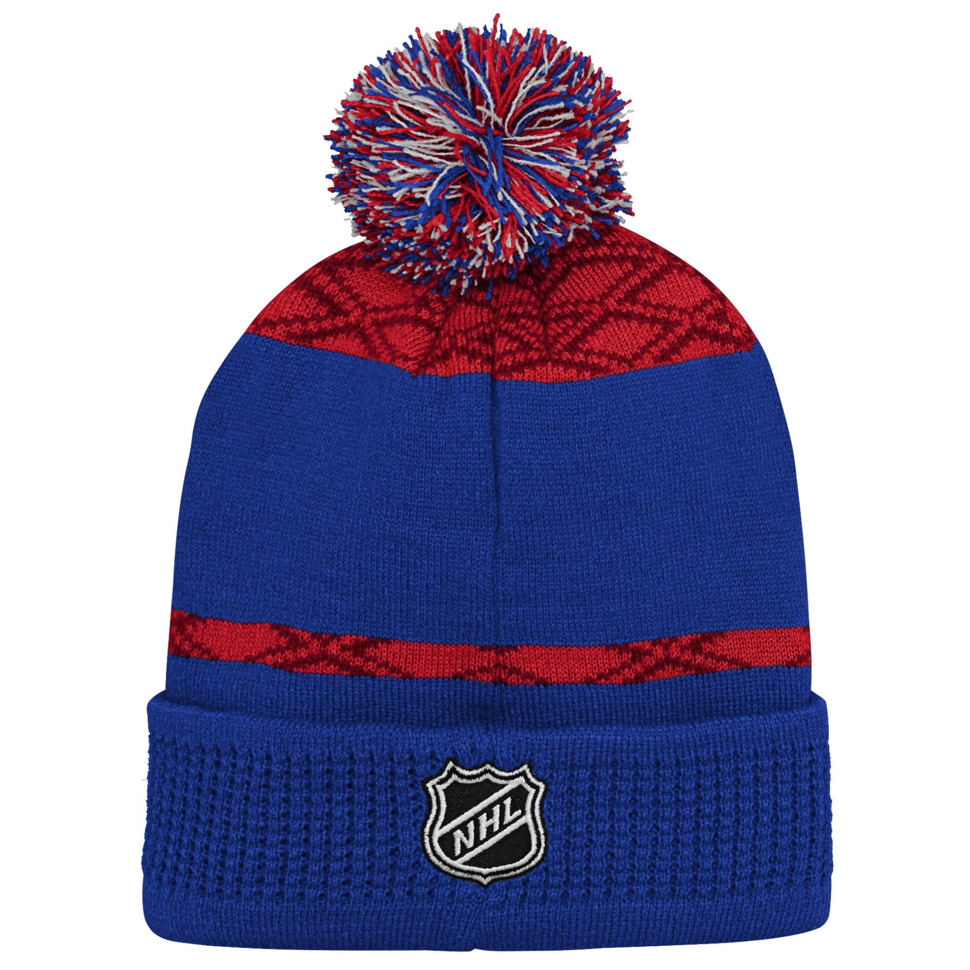 Bonnet en tricot à revers bleu Puck des Rangers de New York pour jeunes avec pompon