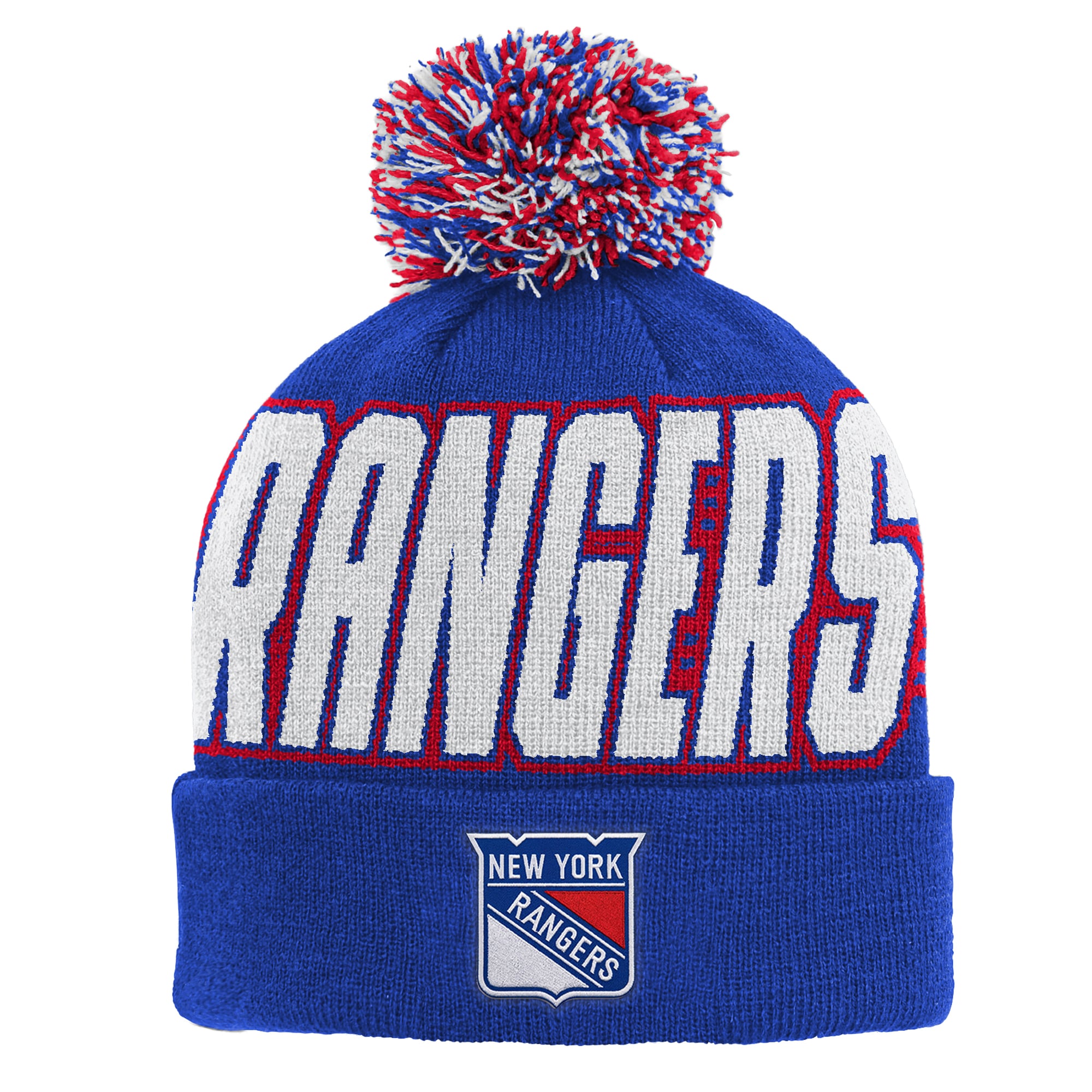 Bonnet tricoté à revers bleu New York Rangers pour enfant, avec pompon