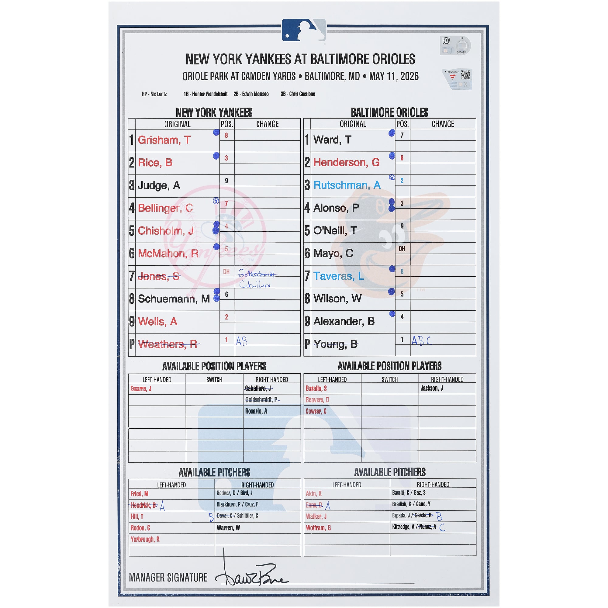 New York Yankees Game-Used Lineup Card vs. Baltimore Orioles on May 11, 2026