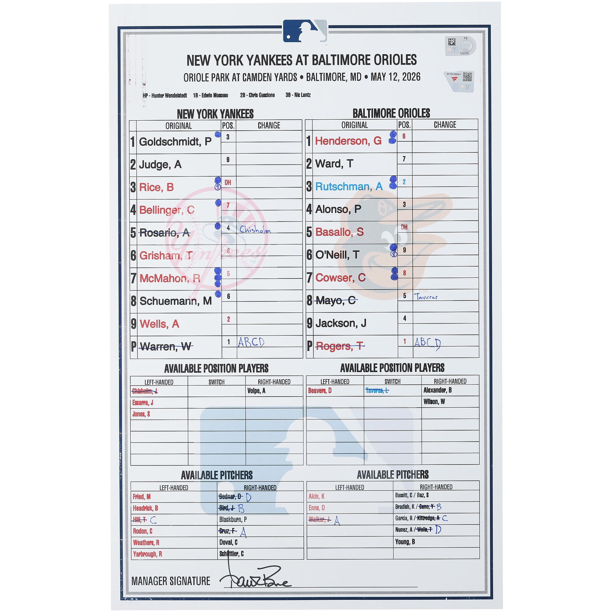 New York Yankees Game-Used Lineup Card vs. Baltimore Orioles on May 12, 2026