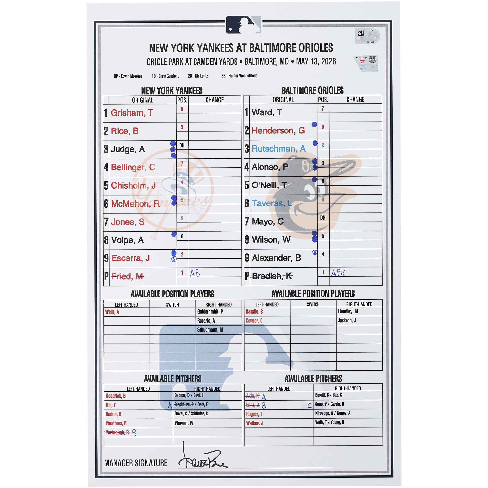 New York Yankees Game-Used Lineup Card vs. Baltimore Orioles on May 13, 2026