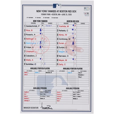  New York Yankees Fanatics Authentic Game-Used Lineup Card vs. Boston Red Sox on June 25, 2026  