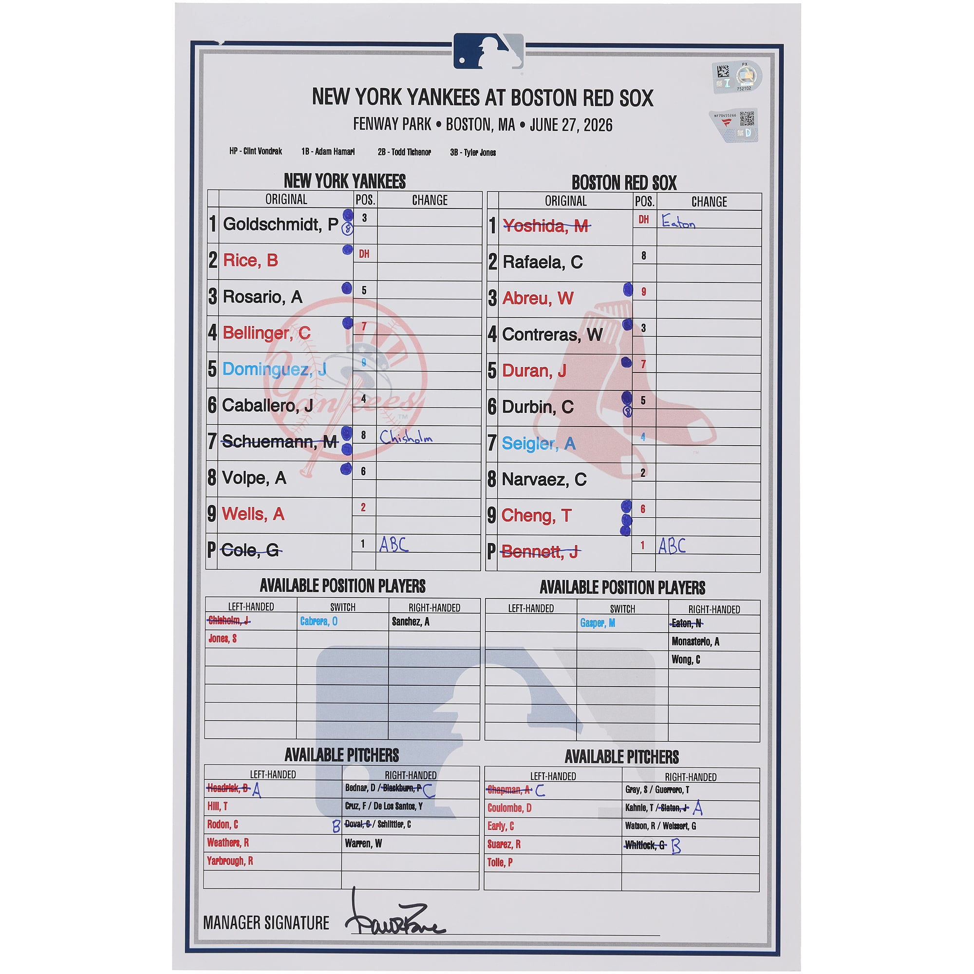 New York Yankees Game-Used Lineup Card vs. Boston Red Sox on June 27, 2026